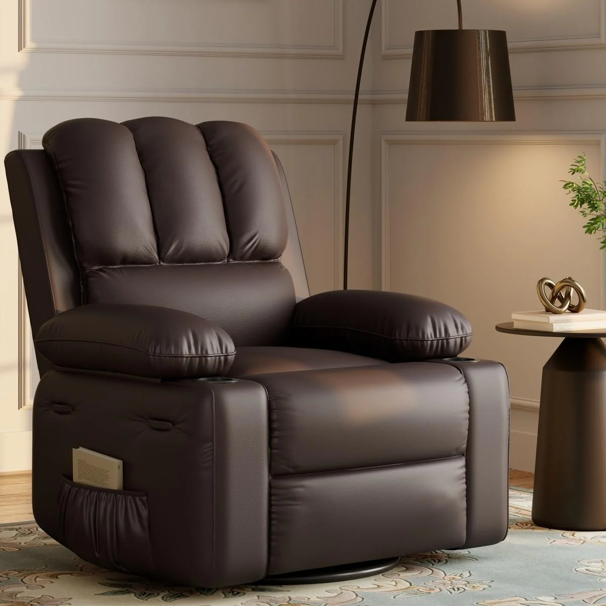 Garvee Oversized Recliner Chairs with Heat and Massage - 360° Swivel Lazy Boy Recliner Chair for Adults- Manual Rocking Chair with Cup Holder for Living Rooms, Bedrooms and Nurseries - Brown