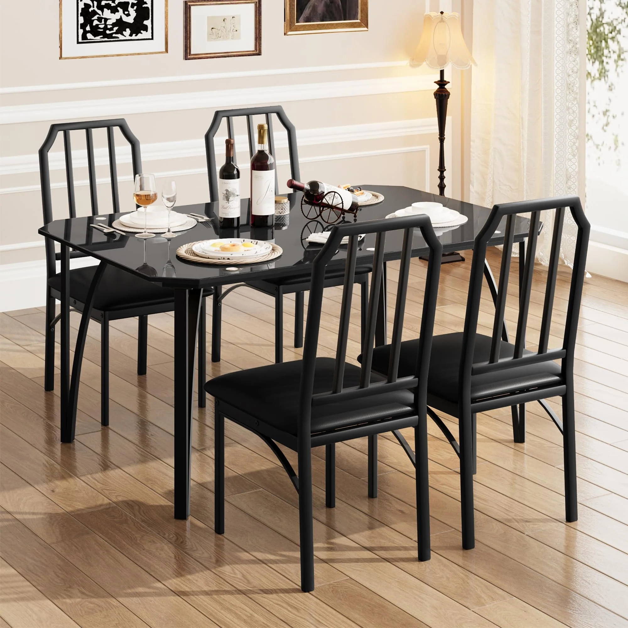Garvee Glass Dining Table Set for 4, Kitchen Table and Chairs for 4 with with Chamfer Design, 5 Piece Dining Room Table Set with Cushion Seats for Small Space, Home Kitchen, Apartment-Glass