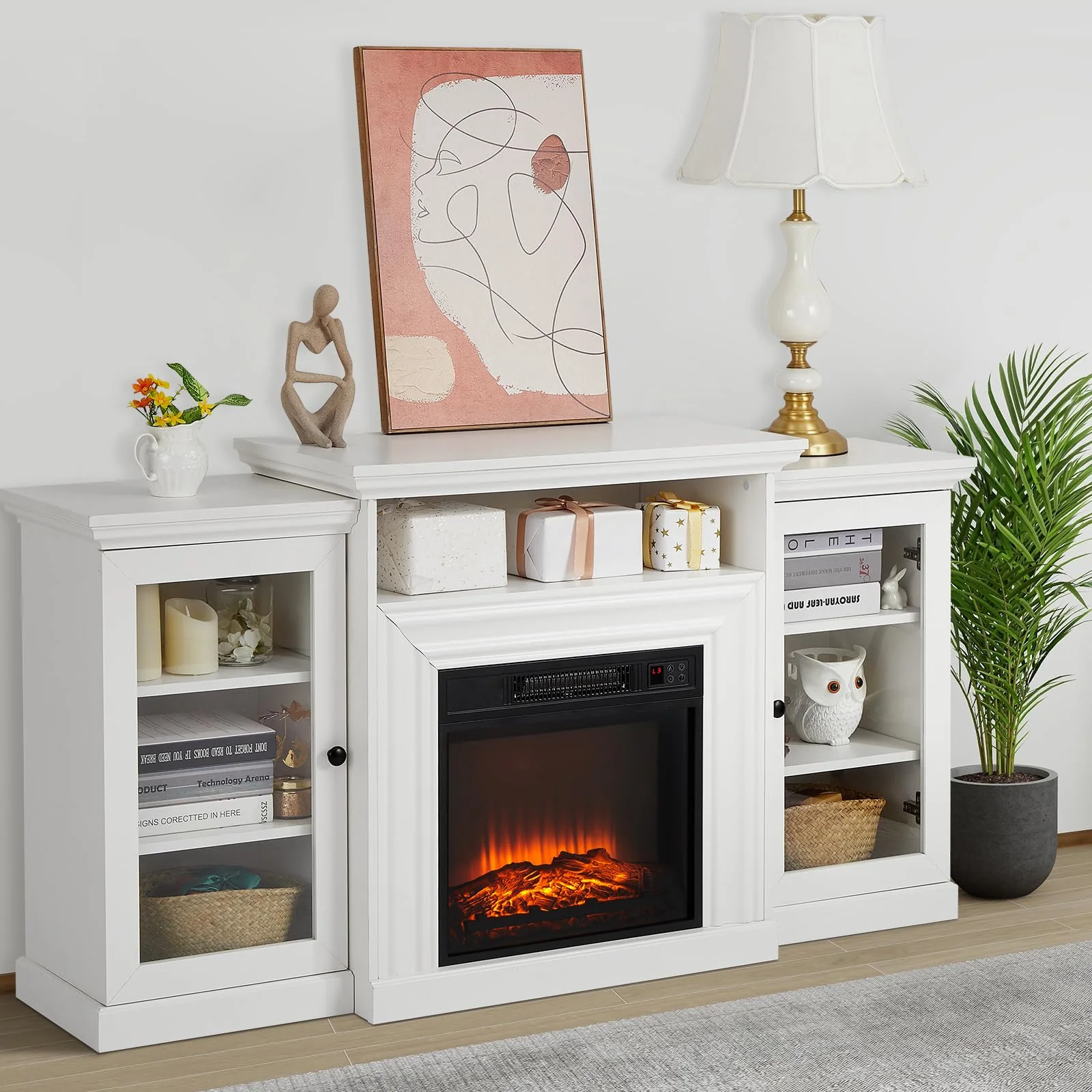 Garvee 18'' Built-In Fireplace with 60'' Entertainment Center Remote Controlled Fireplace 3-speed Flame Brightness 0.5h-6h Timing 1400W Powerful Heater 62℉-82℉ Adjustable Warming Unit