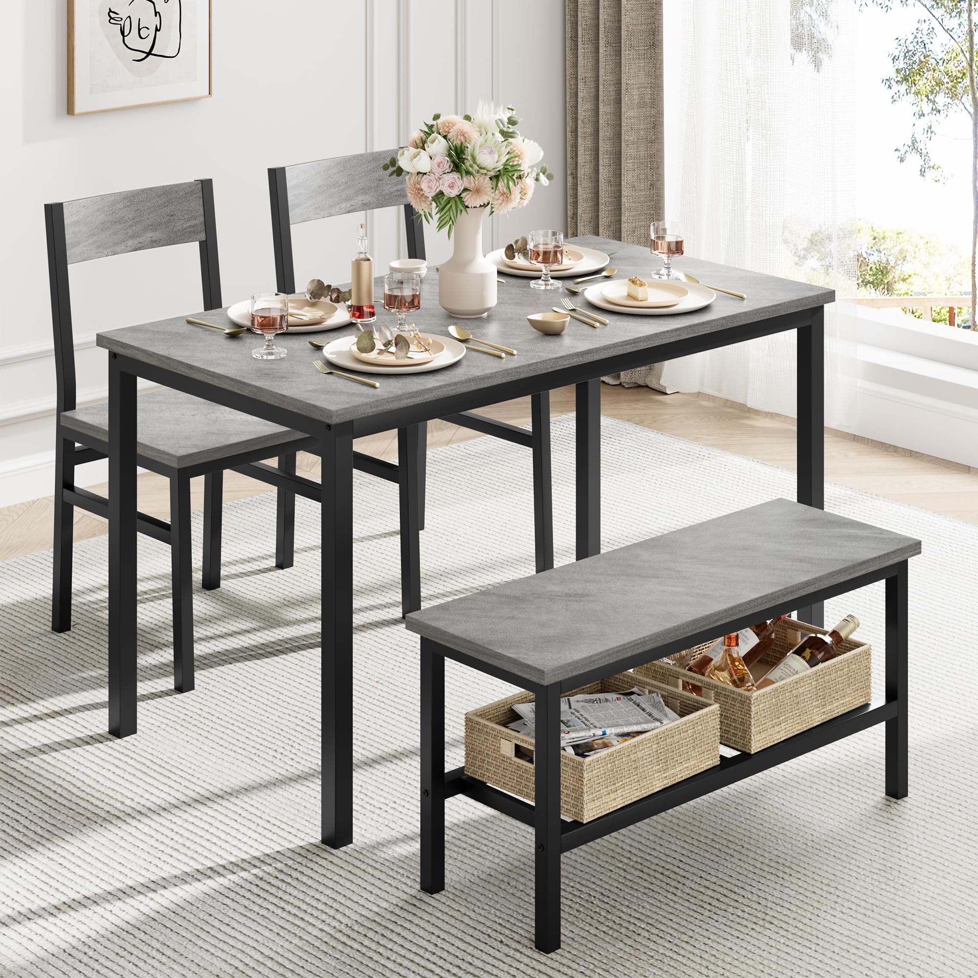 Garvee Dining Table Set for 4, Kitchen Table with 2 Chairs, Bench with Storage Rack, 4 Pieces Dining Room Table Set for Small Place, Apartment, Kitchen, Gray