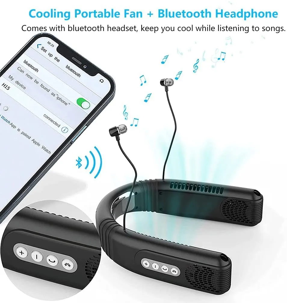 AQUYY Silent Neckband Fan Hands Free Bluetooth Wireless Headset, USB Rechargeable Bladeless Neck Fan, Mini Portable Semiconductor Cooler with 3 Speeds, for Running Camping Travel Women Men Green