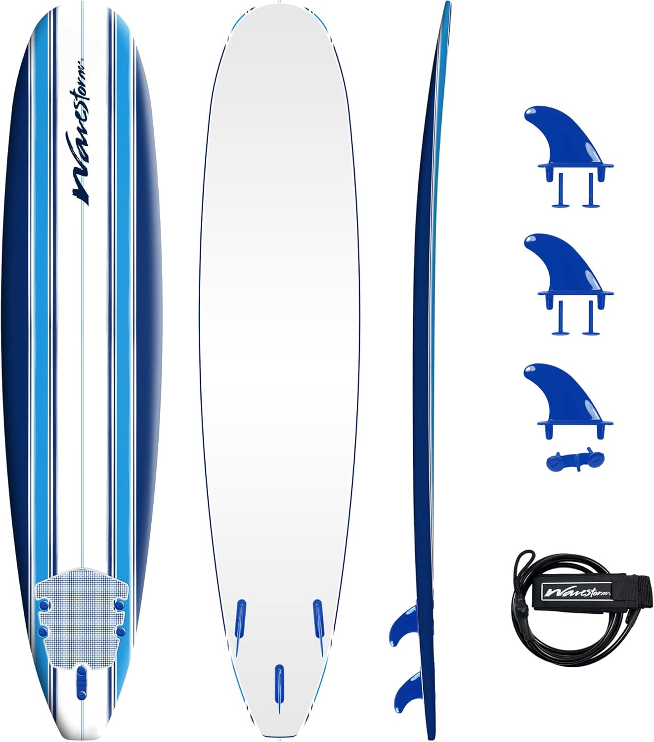 2026 Wave Storm – Classic Soft Top Foam 9ft Surfboard for Beginners and All Surfing Levels Complete Set Includes Leash and Multiple Fins Heat Laminated  Blue Pinline