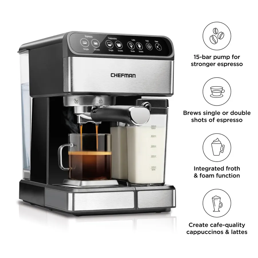 Chefman 6-in-1 Stainless Steel 15-Bar Pump Espresso Machine