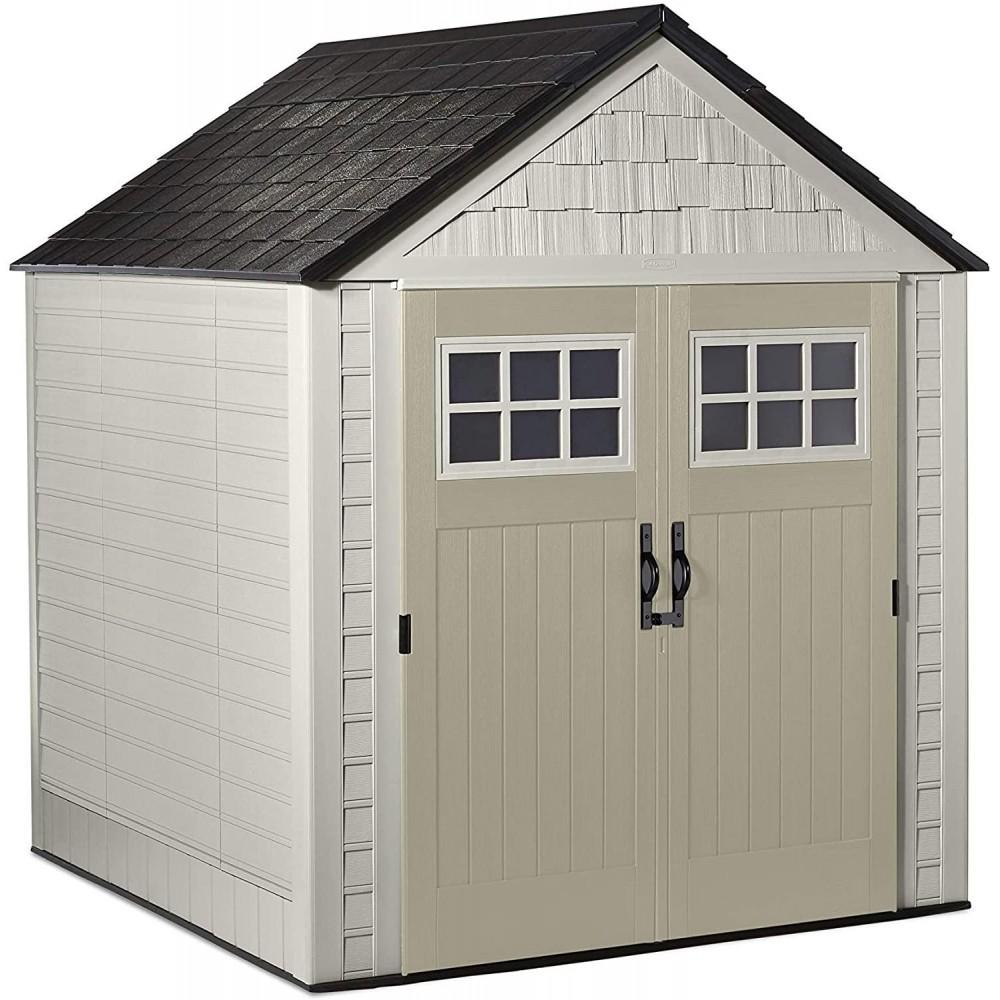 2026 Rubbermaid 7×7 Ft Durable Weather Resistant Resin Outdoor Garden Storage Shed with Windows and Utility Hooks, Sand