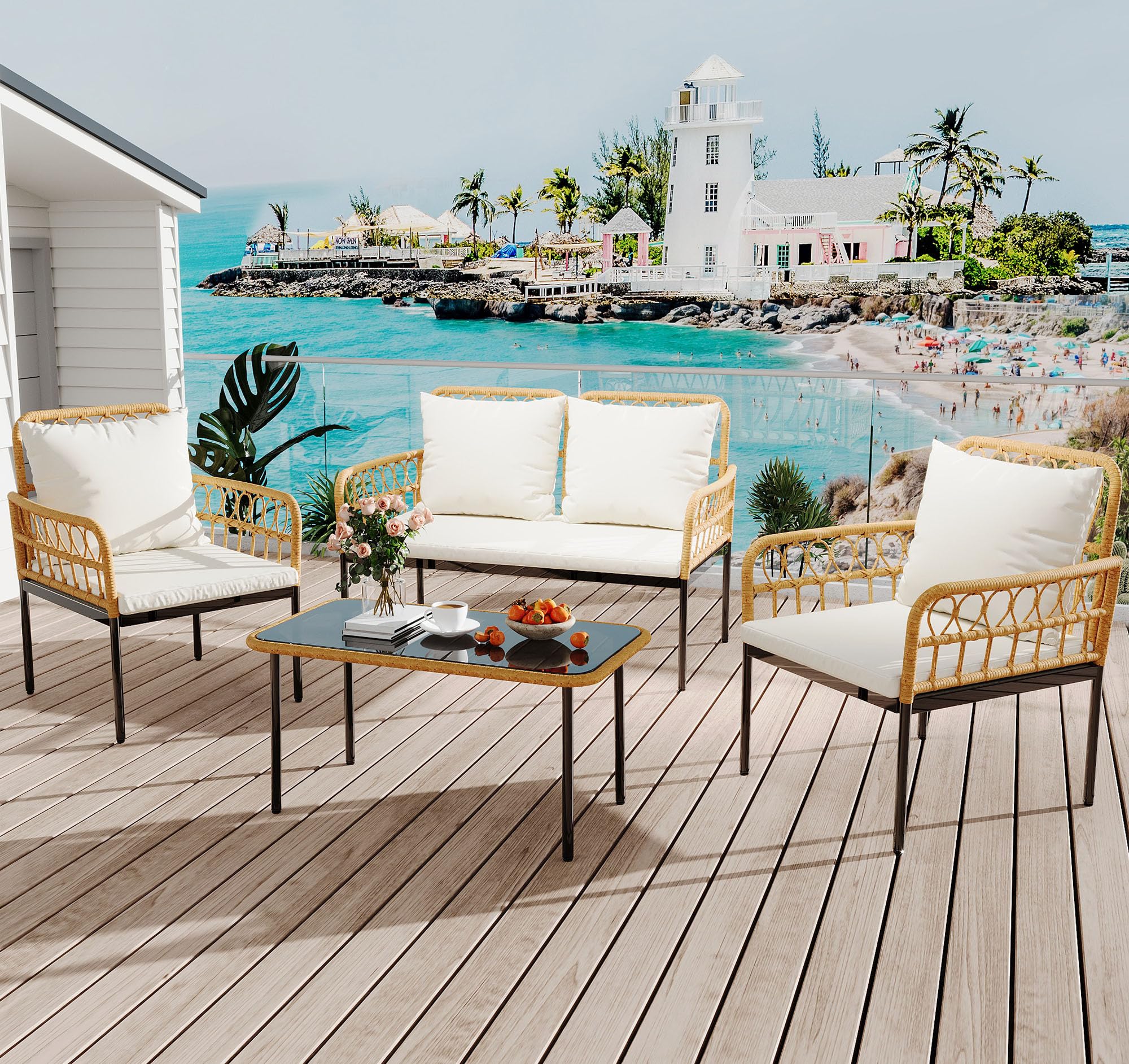 Garvee 4-Piece Outdoor Wicker Patio Bistro Set All-Weather Rattan with Glass Top Coffee Table, Loveseat & 2 Armchairs, Cushions Included, BeigeTable & Loveseat & 2 Armchairs Chairs Cushions,Boho Balcony Furniture for Backyard, Garden,Beige