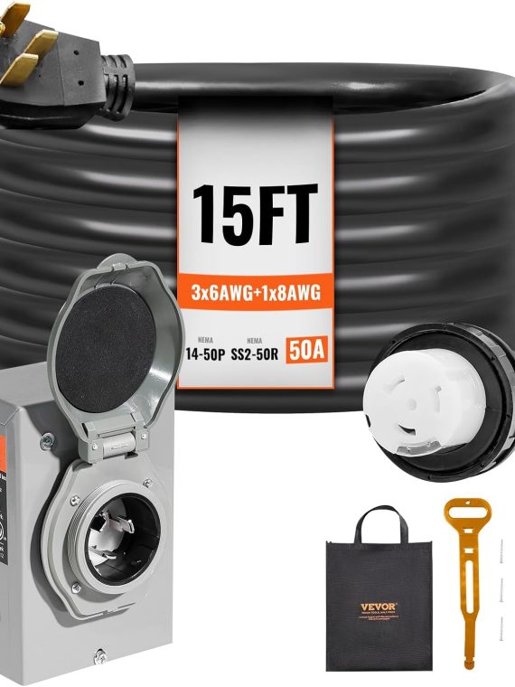 2026 VEVOR 50 Amp Generator Cord and Power Inlet Box Kit  15FT Generator Extension Cord NEMA 14-50P/SS2-50R STW 6/3+8/1 AWG with Twist Lock Connector  Pre-Drilled Inlet Box  ETL Listed