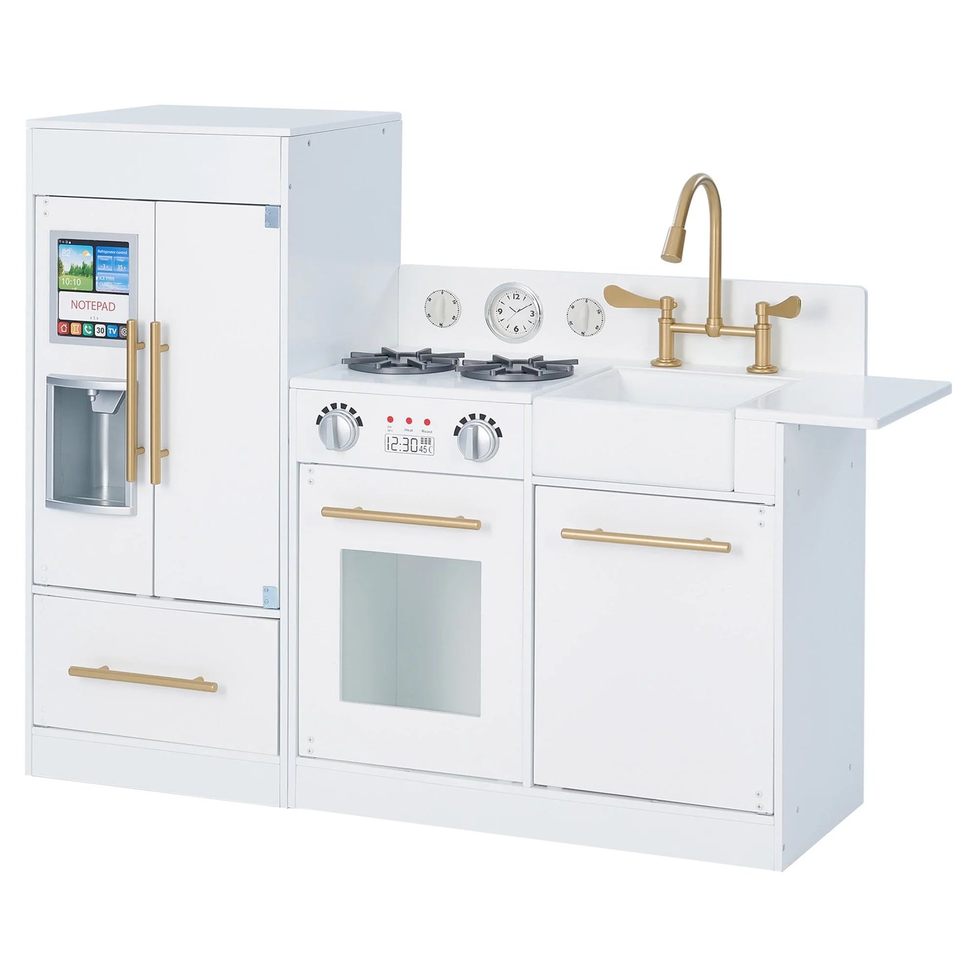 2026 Teamson Kids Little Chef Charlotte Modern Play Kitchen with Free-Standing Refrigerator, Separate Kitchenette Unit, & Interactive Features, White/Gold