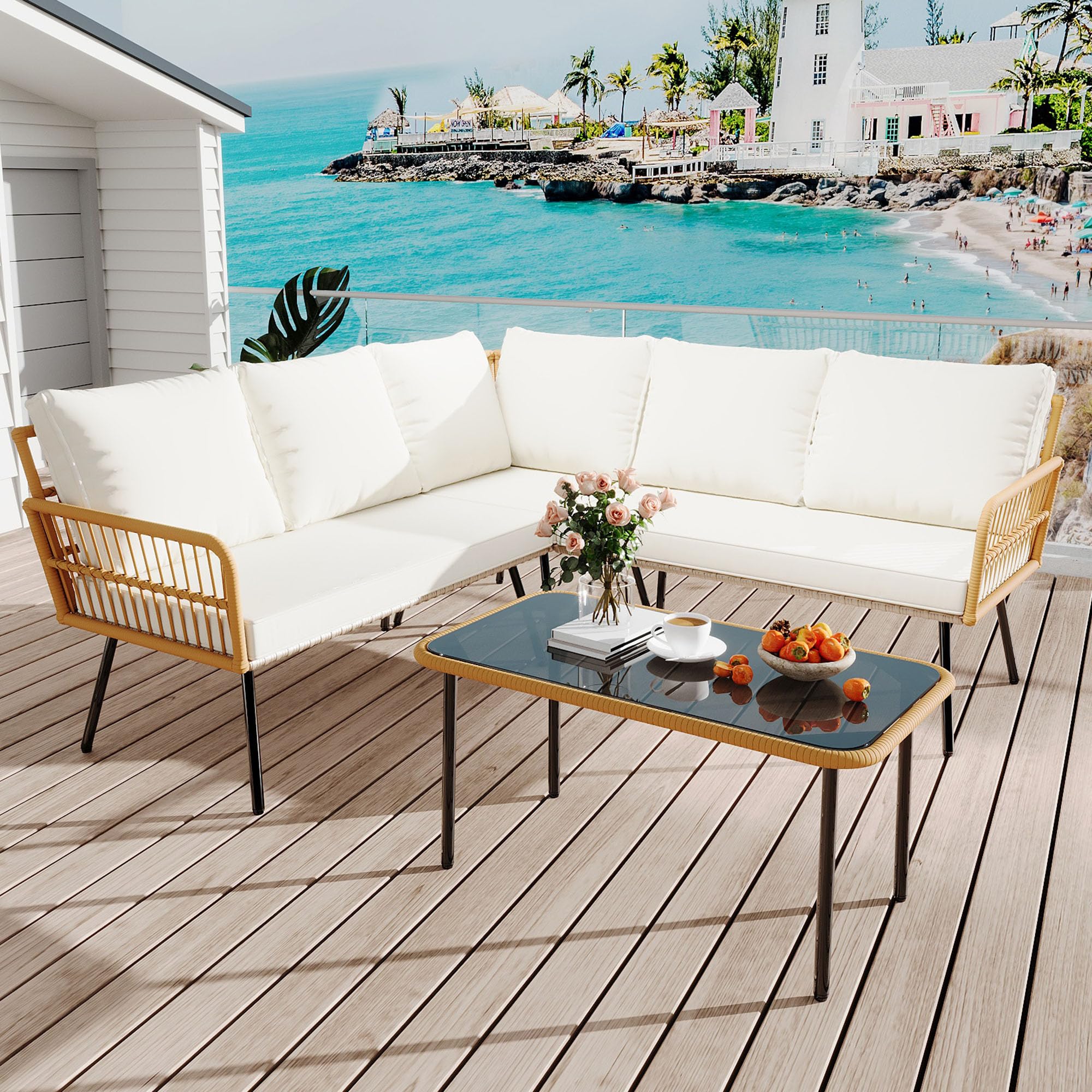 Garvee 4-Piece Outdoor Wicker L-Shaped Sectional Set, All-Weather Rattan with Glass Top Coffee Table & Cushioned Chairs, Beigeable & Cushioned Chairs, Boho Balcony Furniture for Backyard, Poolside, Garden, Beige