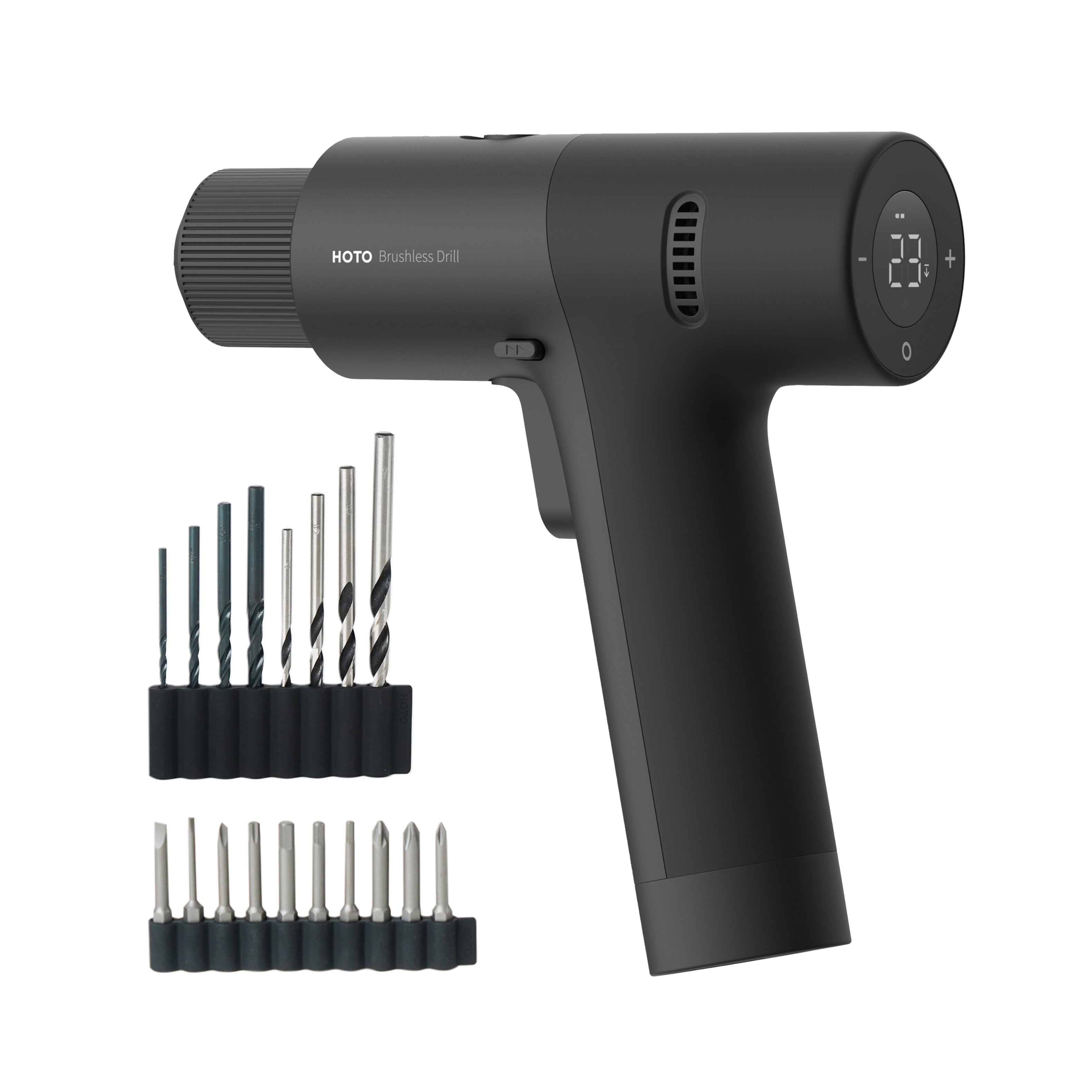 2026 HOTO – 12V Brushless Drill, Digital Display, 30 Precision Gears, Variable Speed. 18 Screw & Drill Bits – Black