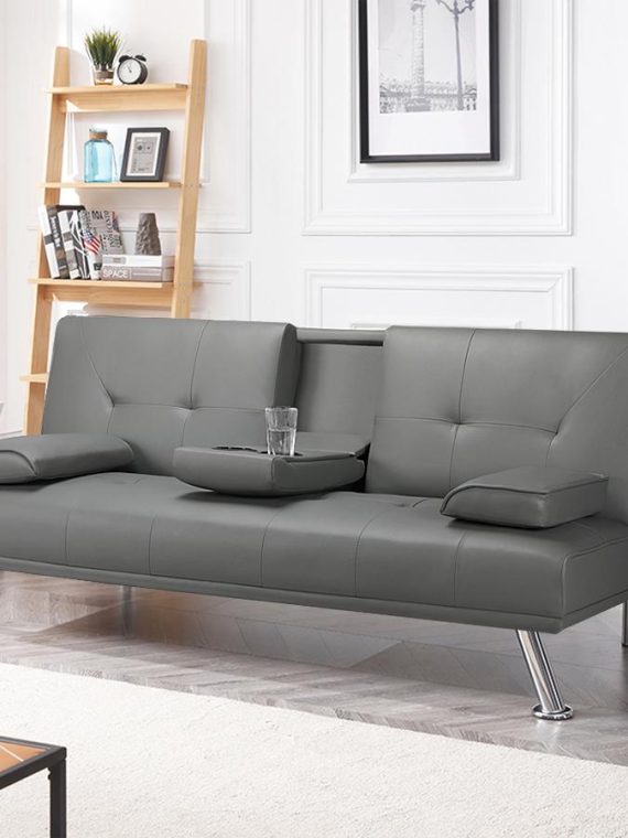 2026 LuxuryGoods Modern Faux Leather Futon with Cupholders and Pillows, Gray