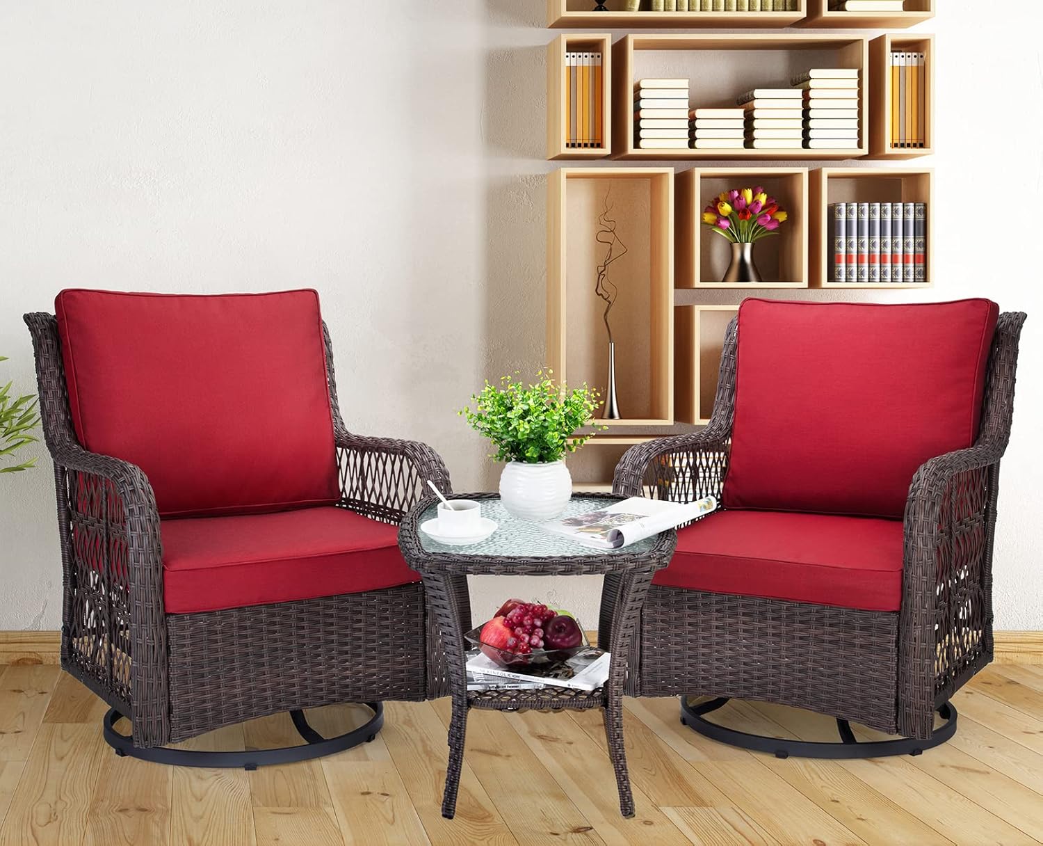 Garvee 3 Pieces Rattan Swivel Rocking Chair Outdoor, Patio Bistro Conversation Furniture Set, Wicker Chair with Cushions and Table - Red