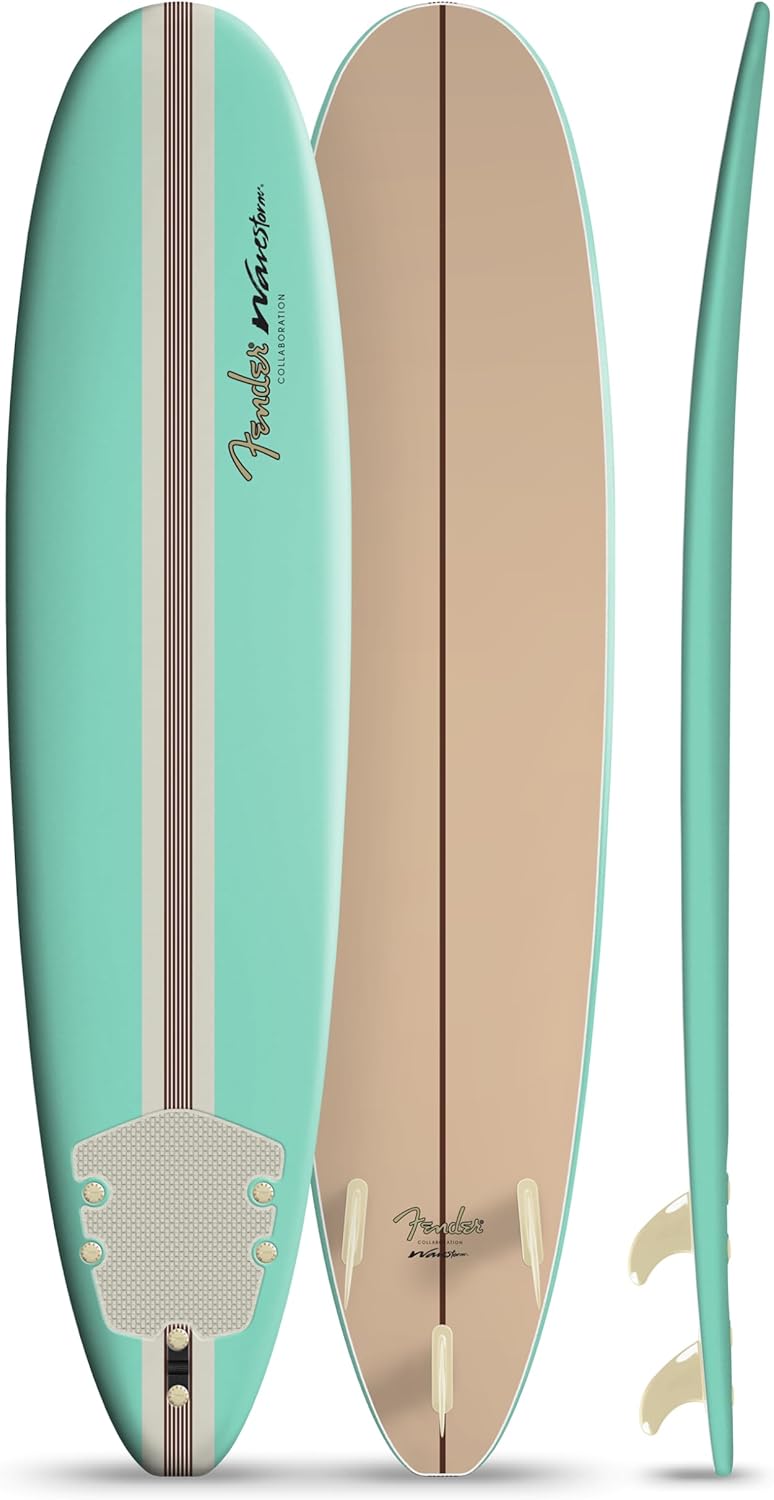 2026 Fender x Wavestorm Collaboration 8ft Surfboard | Graphic top Deck with high Density Slick Bottom | for Kids and Adults | Foam Construction with Accessories | Leg Leash and Fin Set Included