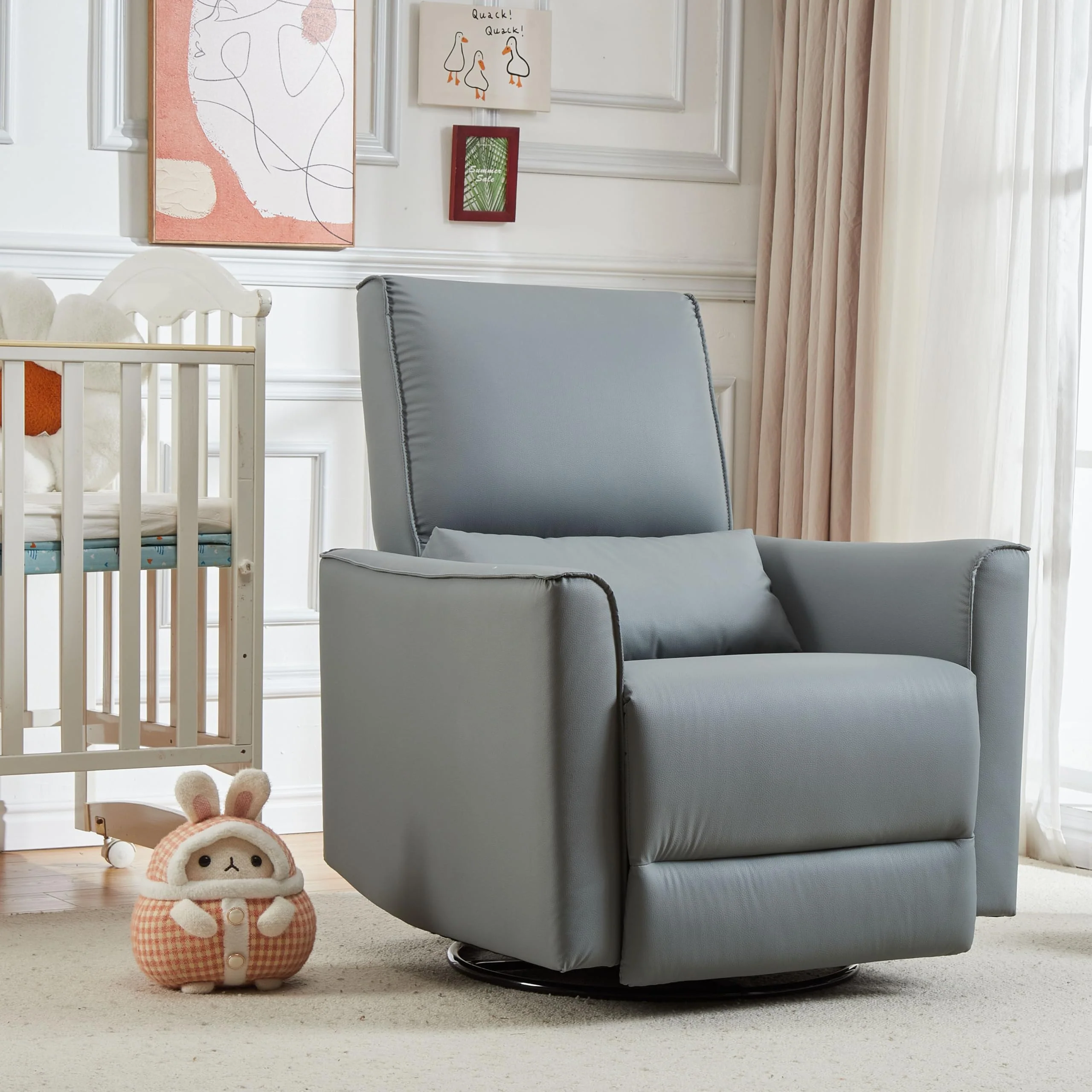 Garvee PU Leather Recliner Chair with Rocker, 360° Swivel & Glider Motion, High Back Rocking Chair for Nursery, Living Room & Bedroom, Deep Seat, Gray