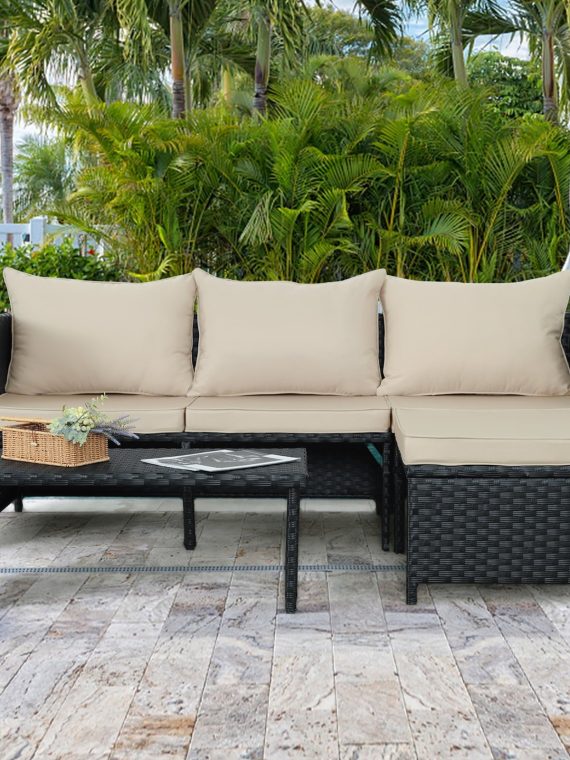 2026 Waroom 3 Pieces Patio Conversation Sets Outdoor Wicker Furniture with Coffee Table,Khaki, Powder Coated Steel