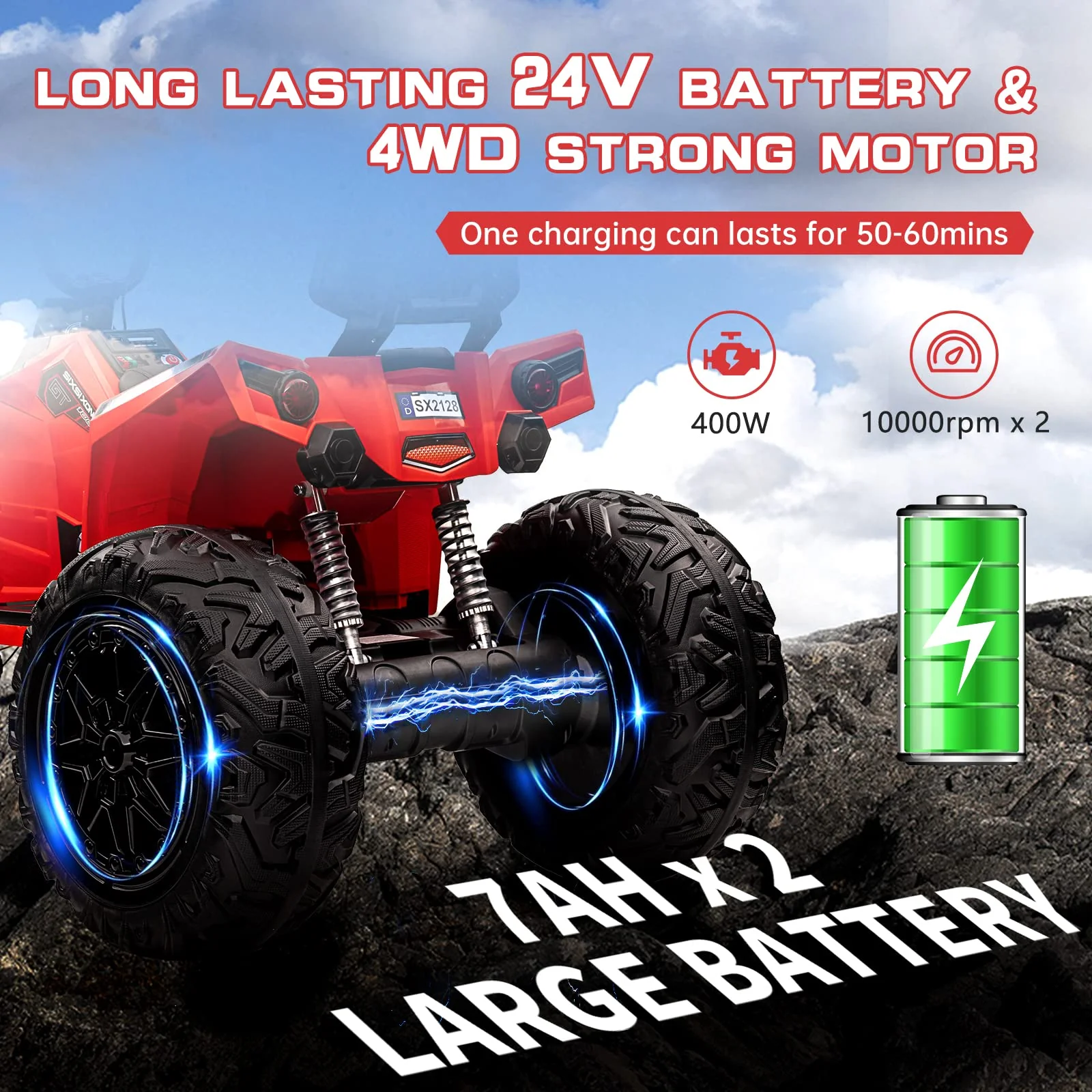 Garvee 24V Kids ATV, Ride on Car 4WD Quad Electric Vehicle, 4x80W Powerful Engine, with 7AHx2 Large Battery, Accelerator Handle, EVA Tire, Full Metal Suspension, LED Light, Bluetooth&Music - Red