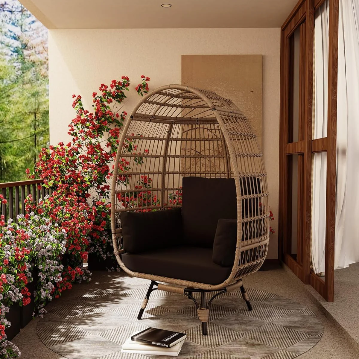 Garvee 360° Swivel Egg Chair, Oversized Patio Rotating Basket Chair, Steel Frame and Metal Base, Waterproof, PE Rattan Lounge Chair for Indoor & Outdoor Patio, Living Room, and Backyard, Black
