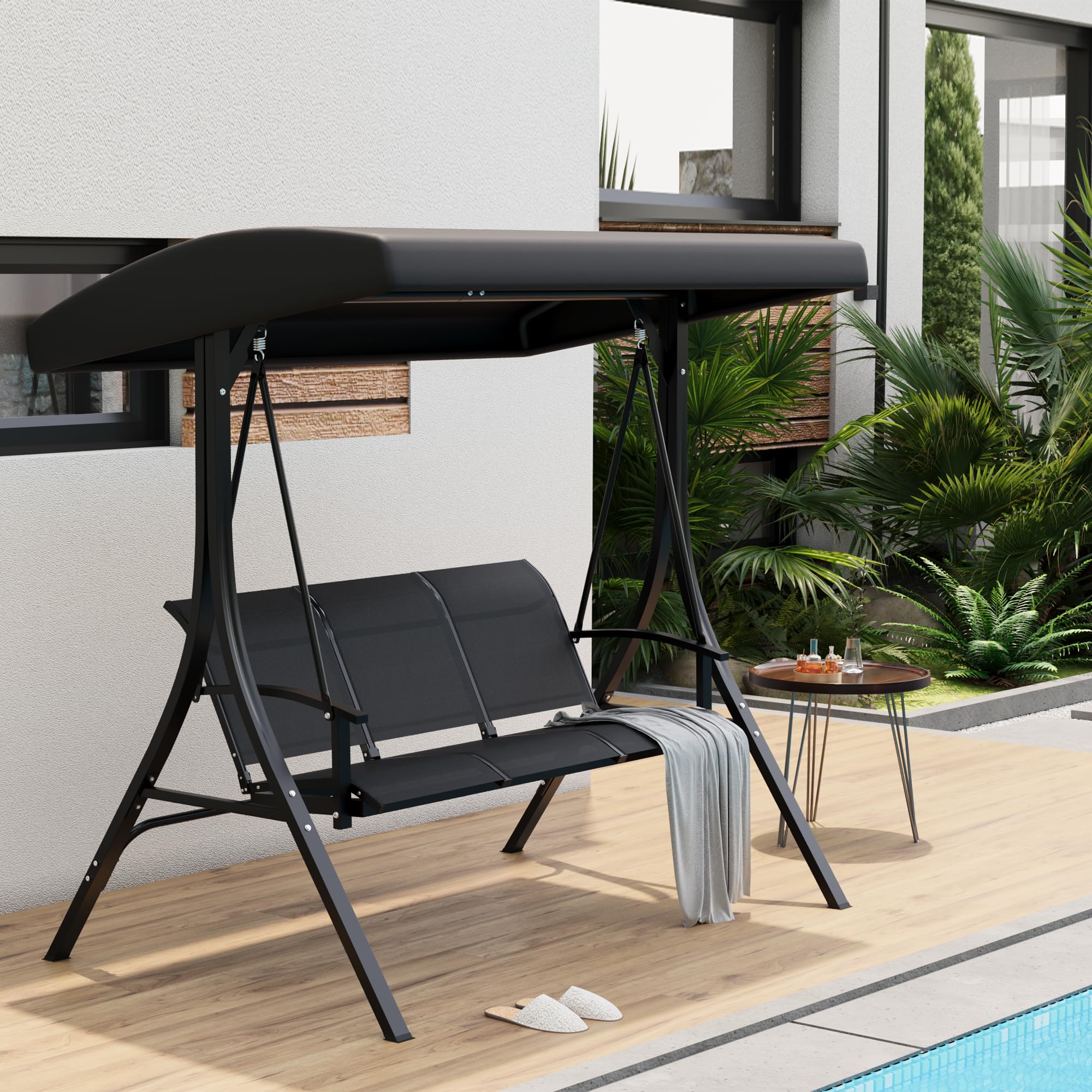 Garvee 3-Seat Outdoor Patio Swing with Adjustable Tilt Canopy - Steel Frame Black Porch Swing Chair for Backyard, Poolside, Garden, Black