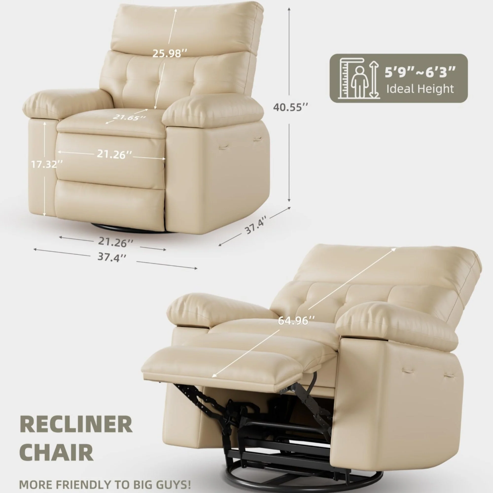 Garvee Oversized Recliner Chair - PU Leather Large Manual Recliner for Adults, Ultimate Comfort Lazy Boy with 1.5X Sponge Filling and Easy Recline Mechanism for Relaxation, Beige