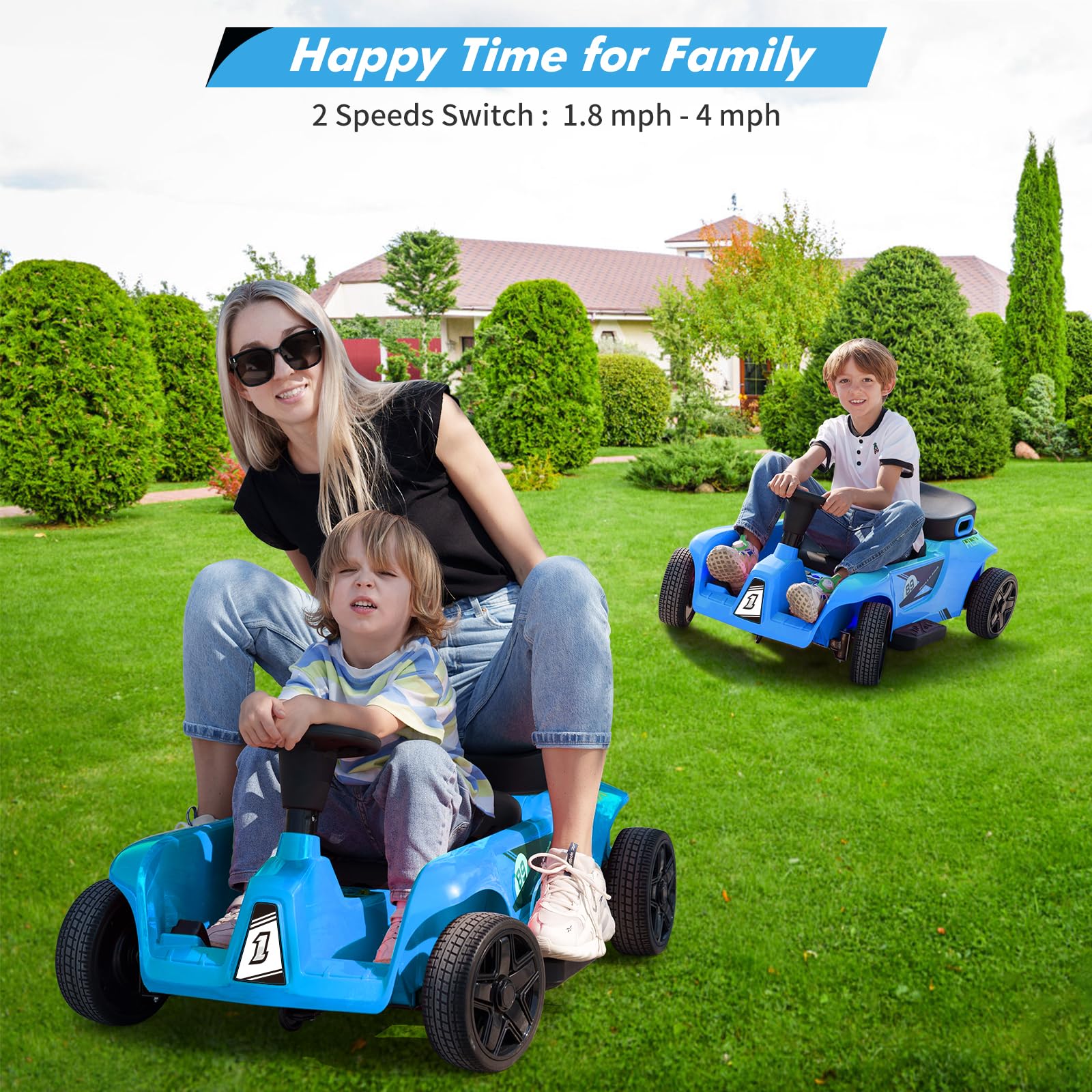 Garvee 2 Seaters 4-Wheelers Electric Ride On Toy for Kids, 24V 120W*2 Powerful Motors Max Load 200 Lbs, Two Driver Modes + Remote Control Modes for Toddlers Child with Music, USB, Storage Box, Blue