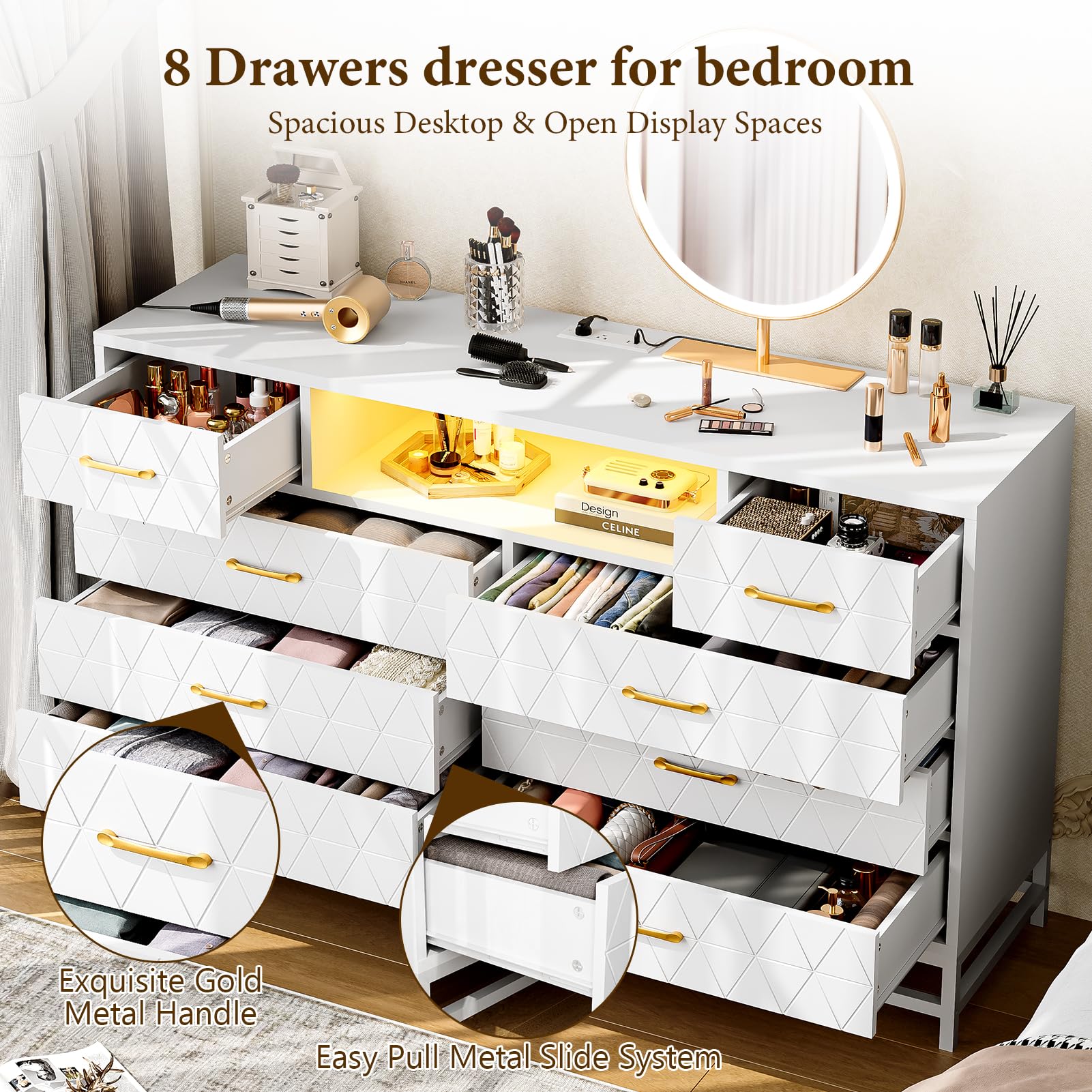 Garvee 8 Drawer Dresser for Bedroom, White Dresser with Led Light, 55 Inch Tv Stand Dressers with Power Outlet, Large Dresser Bedroom with Deep Drawers, Handles, Modern Dresser Storage