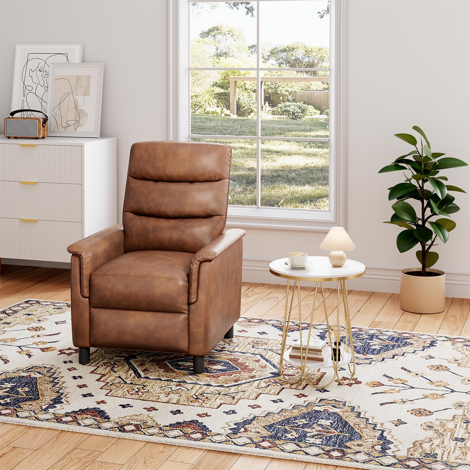Garvee Pushback Recliner Chair, Upholstered Leather Accent Chair, Comfy Armchair, Single Leather Sofa for Living Room Bedroom, Brown