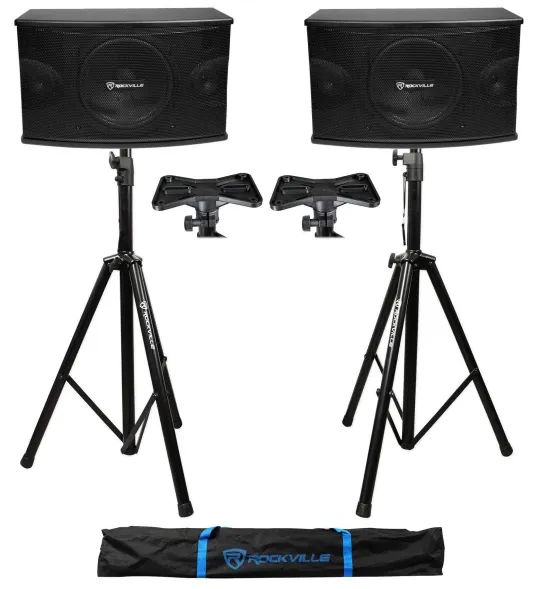 2026 Pair Rockville KPS10 10x22 3-Way 1200 Watt MDF Karaoke/Pro Speakers+Tripod Stands