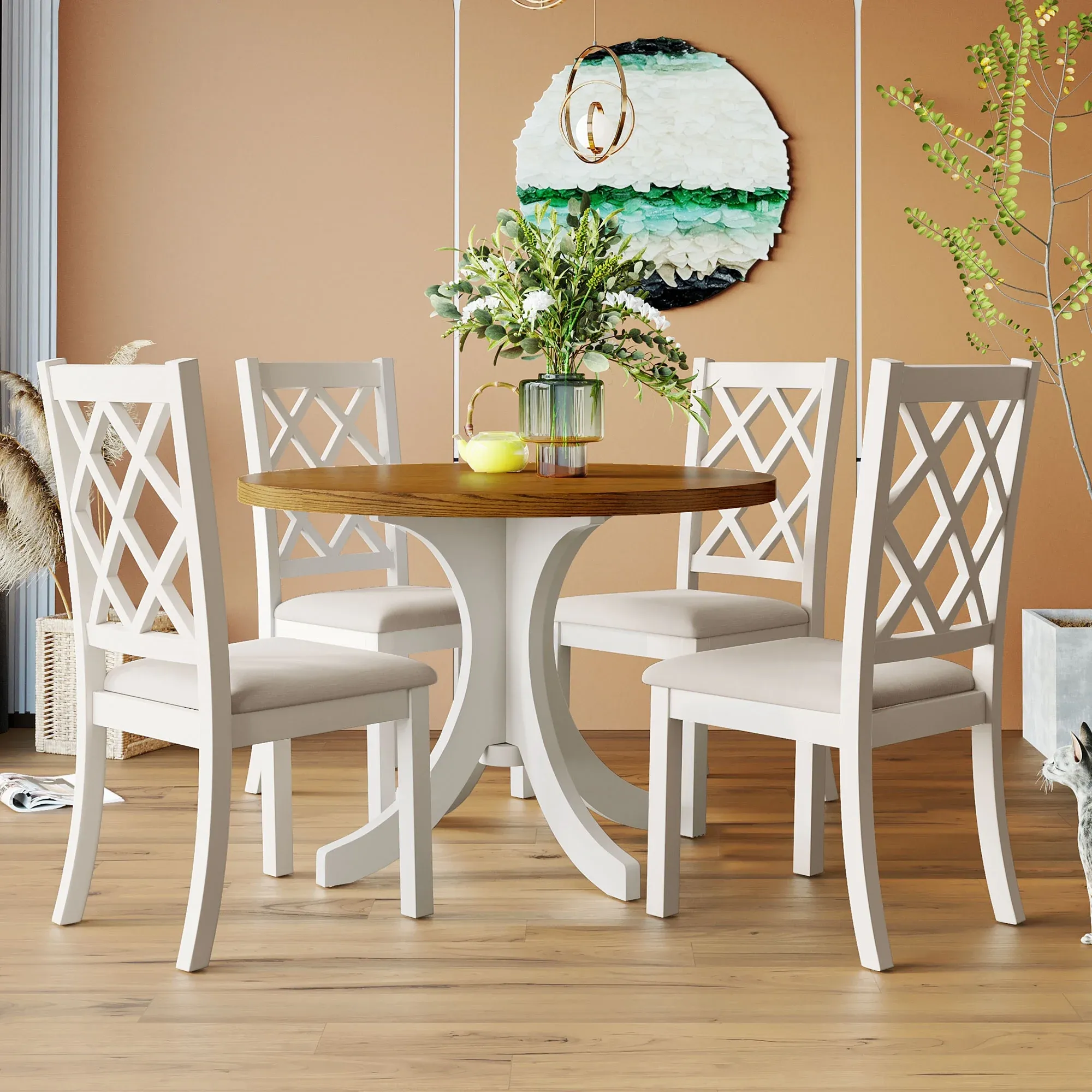 Llinc Store Mid-Century Solid Wood 5-Piece Round Dining Table Set for 4 Kitchen Table Set with Upholstered Chairs for Small Places Walnut Table+Beige Chair