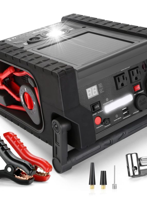 2026 ZunDian ZD-529 Solar Portable Power Station 2000 Amps Jump Starter, 260 PSI Air Compressor, 12V Car Battery Charger with 400W Inverter Dual AC/DC/USB Output, Emergency Backup Power with Flashlights