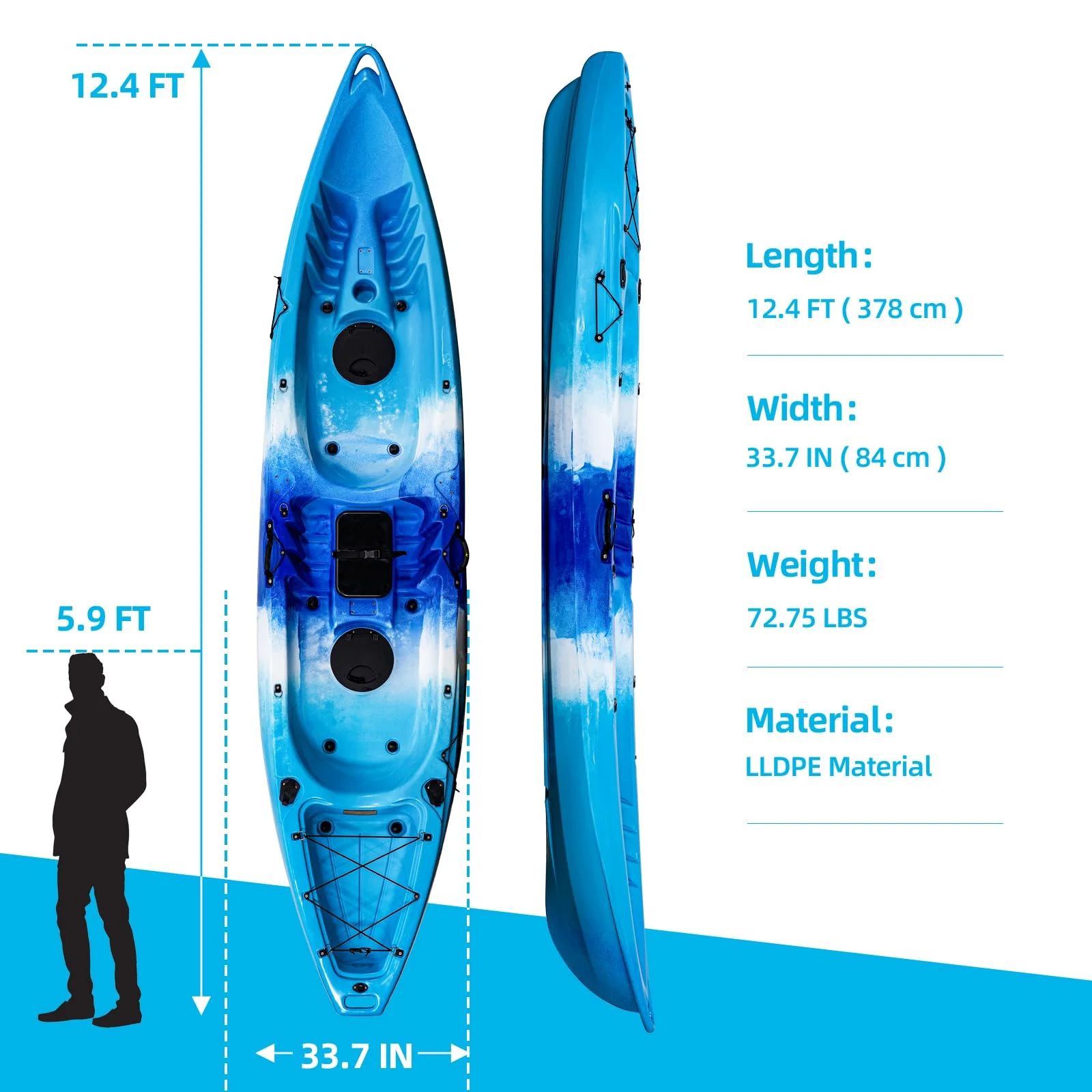 Garvee Fishing Kayak 12.4FT 2 Person Sit on Top with Paddle & Seat, 661LBS Capacity, Recreational Ocean Boat