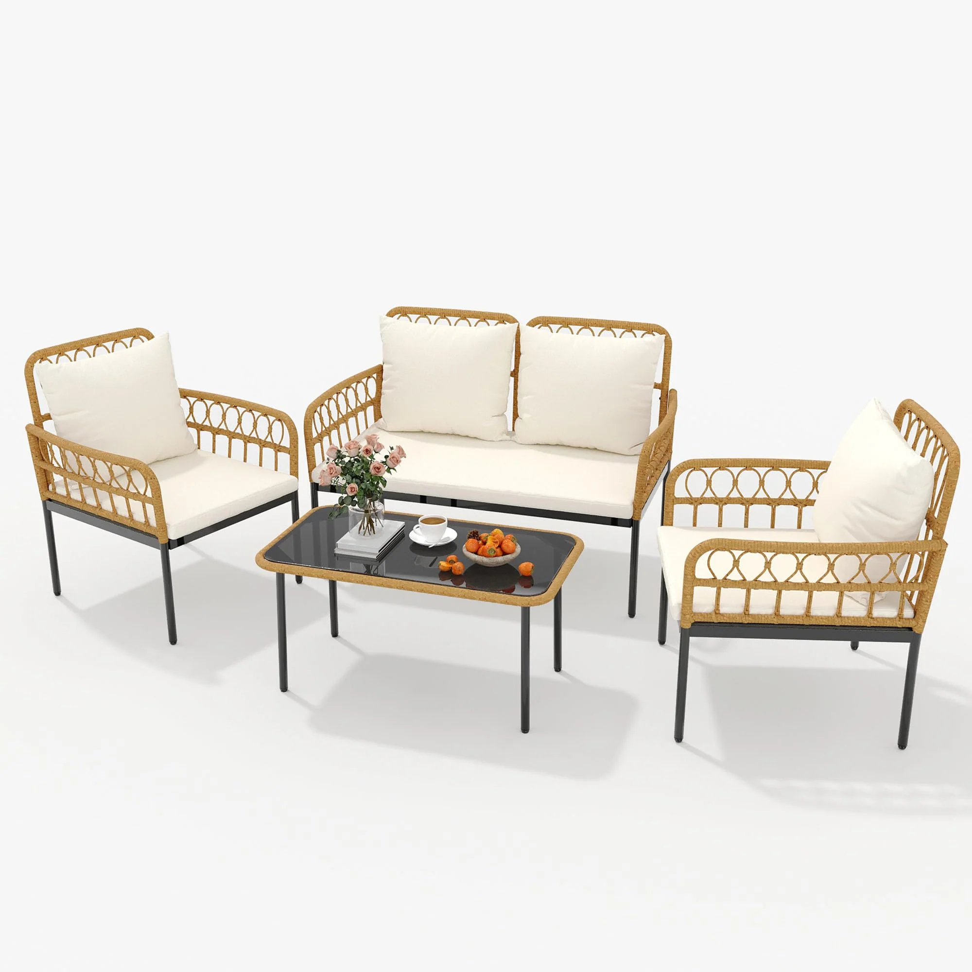 Garvee 4-Piece Outdoor Wicker Patio Bistro Set All-Weather Rattan with Glass Top Coffee Table, Loveseat & 2 Armchairs, Cushions Included, BeigeTable & Loveseat & 2 Armchairs Chairs Cushions,Boho Balcony Furniture for Backyard, Garden,Beige