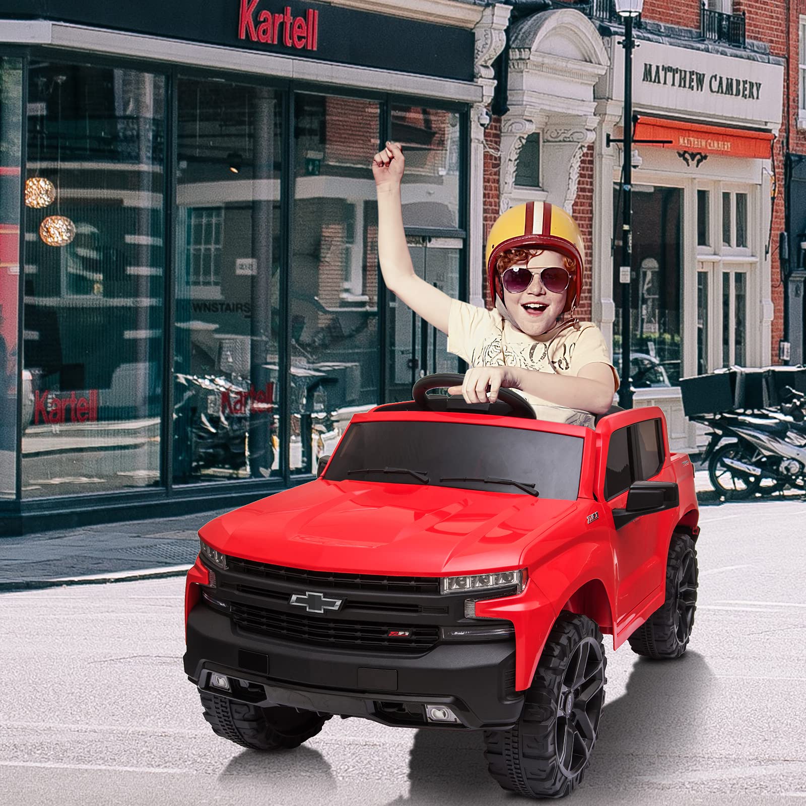Garvee 12V Ride on Car with Remote Control, Battery Powered Licensed Chevrolet Silverado GMC Kids Ride On Truck, Toddler Electric Vehicles Toys,Music,FM,Bluetooth, Spring Suspension, LED Light - Red