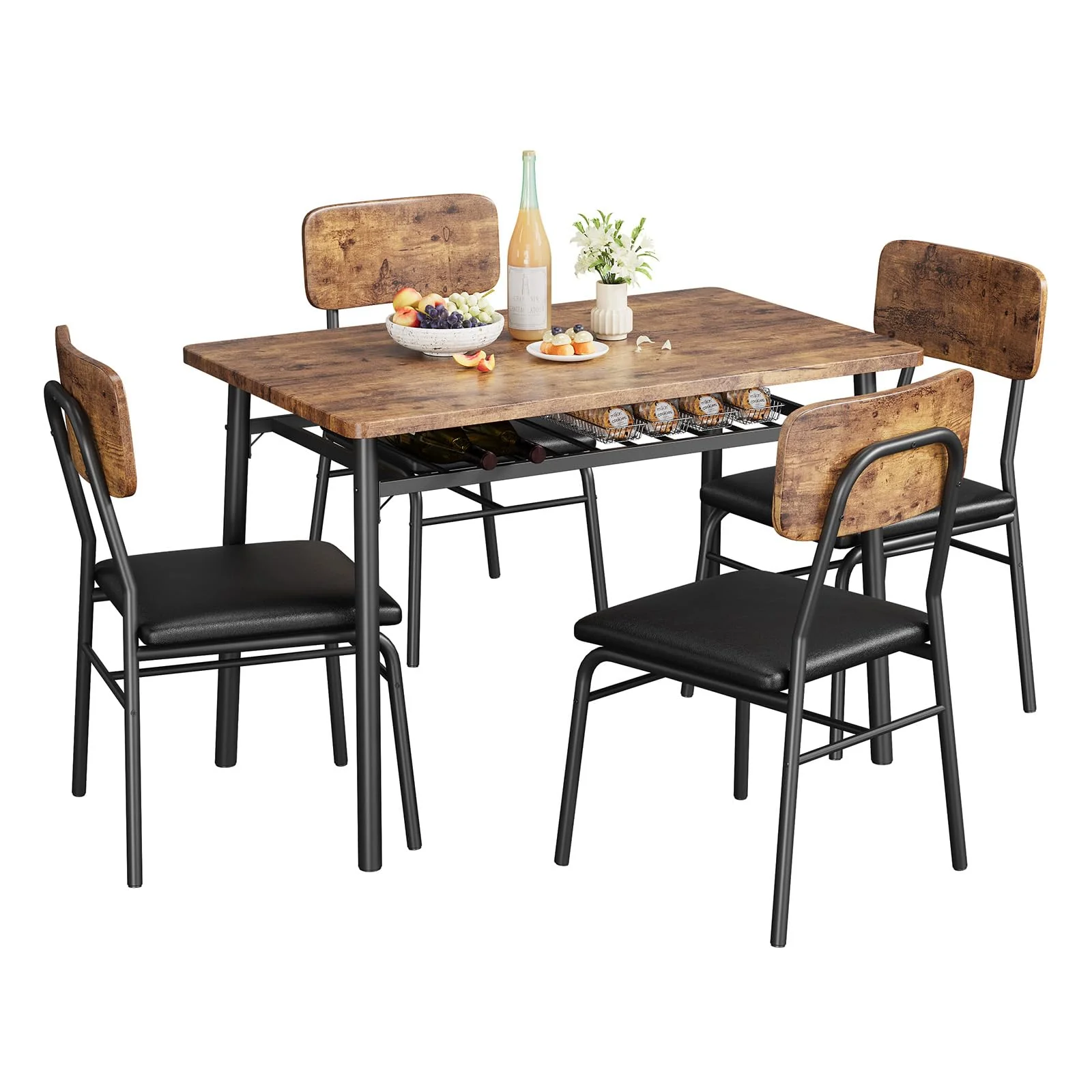 Garvee Dining Room Set for 4, 5-Piece Modern Dining Table Set with Metal Frame, Built-in Storage Rack, Space Saving Kitchen Table with 4 Padded Chairs for Dining Room, Small Space, Vintage Brown