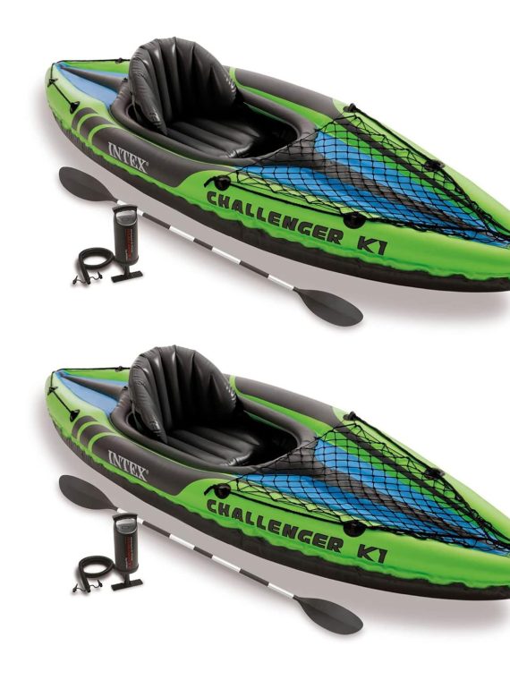 2026 Intex Challenger K1 1 Person Durable Vinyl Streamline Sporty Kayak with Inflatable Seat and Backrest  Oar  Pump  Carrying Bag  and Repair Kit (2 Pack)