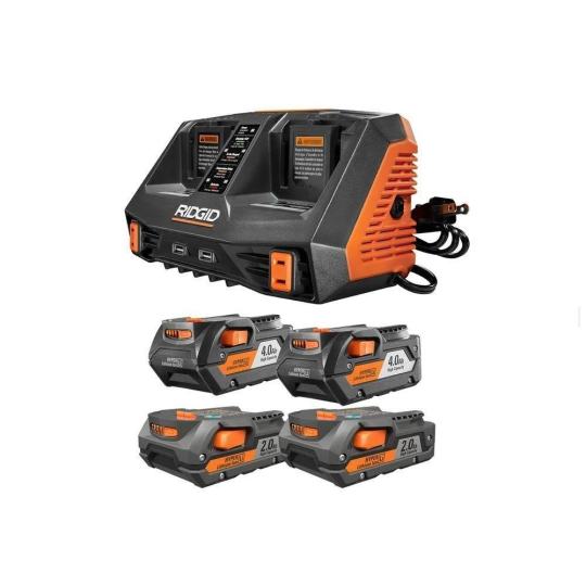 2026 Ridgid 18-Volt Lithium-Ion Dual Port Sequential Charger Kit with (2) 4.0 Ah Batteries and (2) 2.0 Ah Batteries AC840094SB2