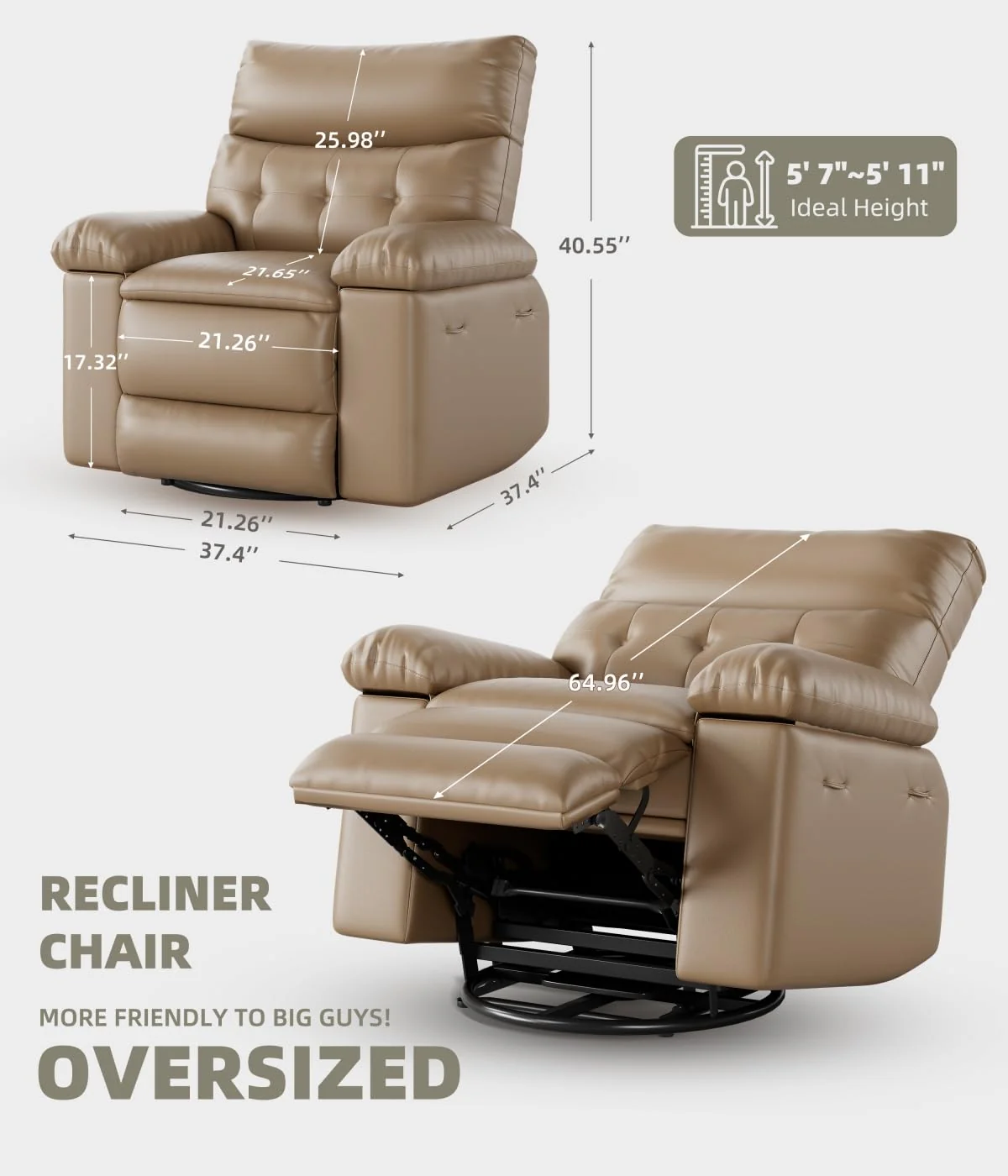 Garvee Oversized Recliner Chairs with Heat and Massage - 360° Swivel Lazy Boy Recliner Chair for Adults- Manual Rocking Chair with Cup Holder for Living Rooms, Bedrooms, and Nurseries - Tan