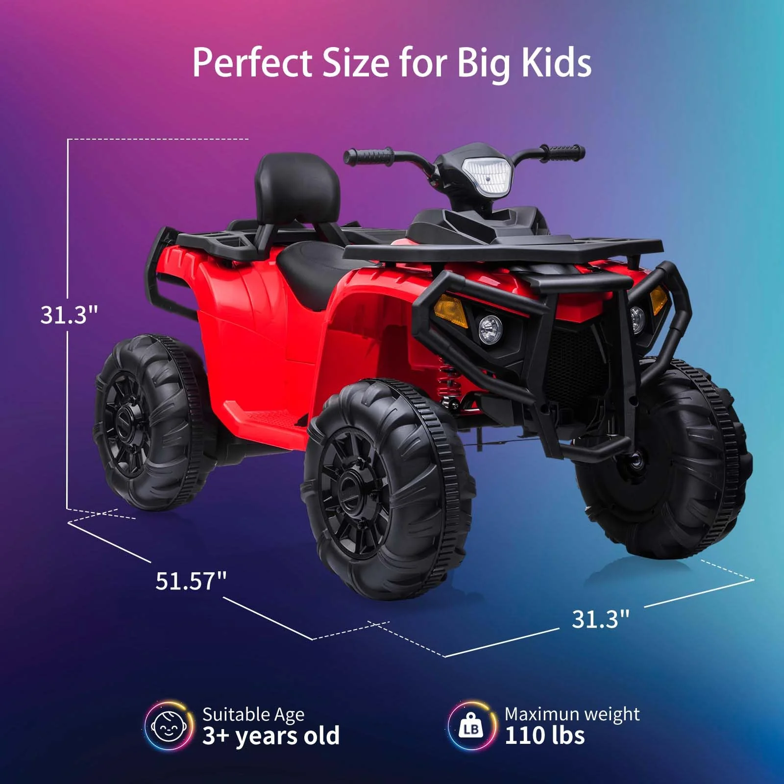Garvee Kids Ride On ATV 4 Wheeler Electric Vehicle for Big Kids 2 Seater Battery Powered Ride On Toy Car with Spring Suspension, LED Lights, High & Low Speed, Music, USB, Soft Start for Toddlers, Red