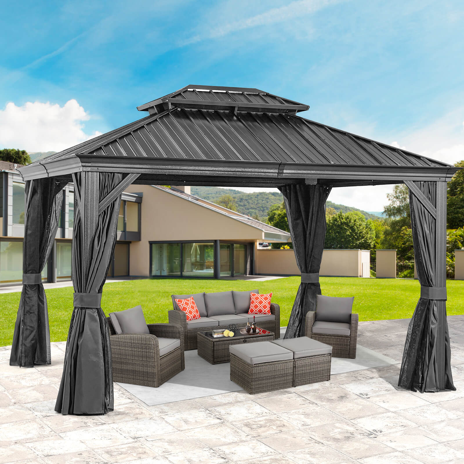 labopoufee 10'x12' Hardtop Gazebo Galvanized Steel Double-Roof Gazebo w/ Netting Curtain, Black