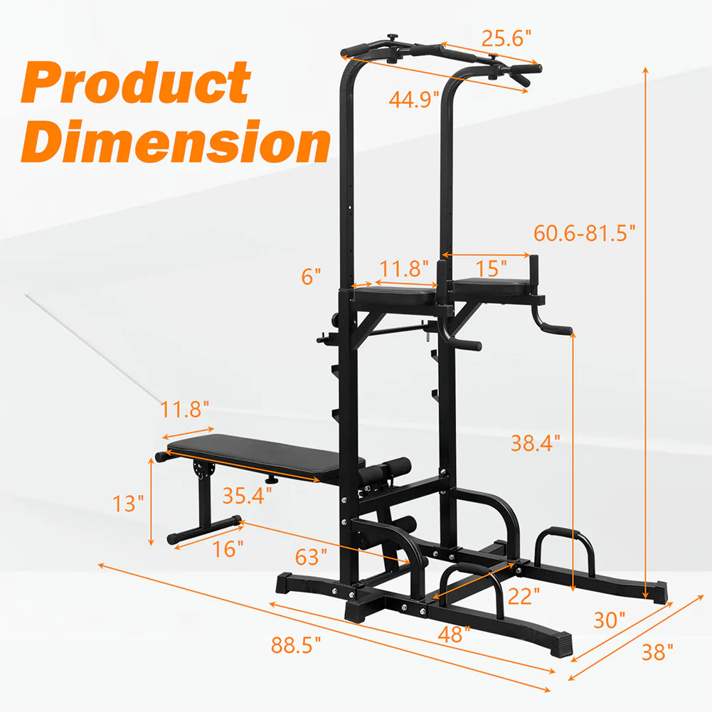 Garvee JAYKTIMO Multifunction Power Tower with Bench Pull Up Bar Dip Station for Home Gym Squat Rack Adjustable Workout Strength Training Home Fitness Equipment 440LB