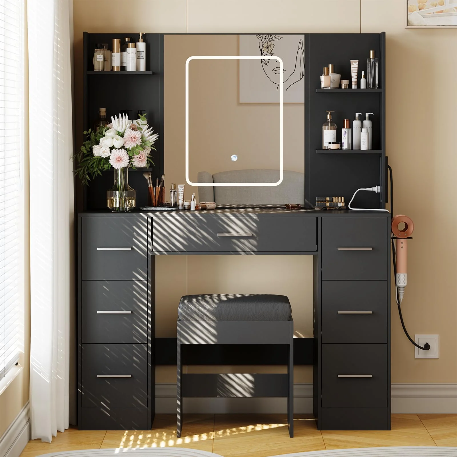 Garvee Vanity Desk with Mirror, Led Lights, Power Outlet and Stool, Makeup Vanity Table with 7 Drawers and 6 Storage Shelves, 3 Color Modes, Dressing Table for Bedroom Dressing Room (Black)