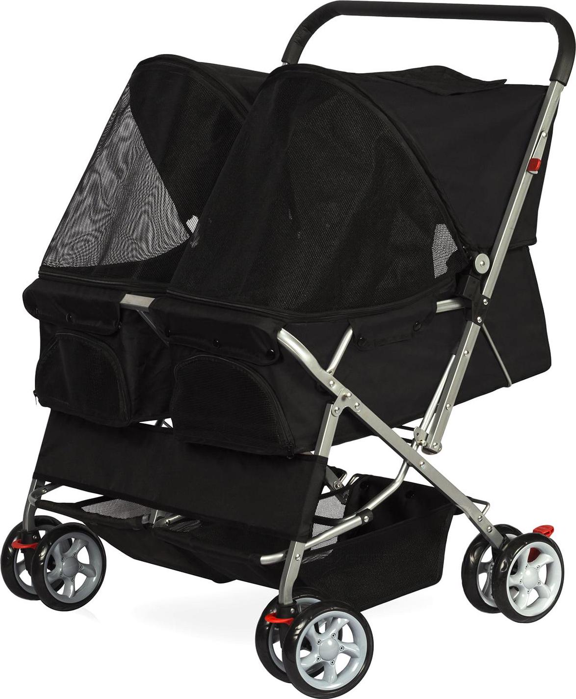 2026 Paws and Pals Double Pet Stroller for Cats and Dogs Folding 4-Wheel Carrier Jogger (Black)