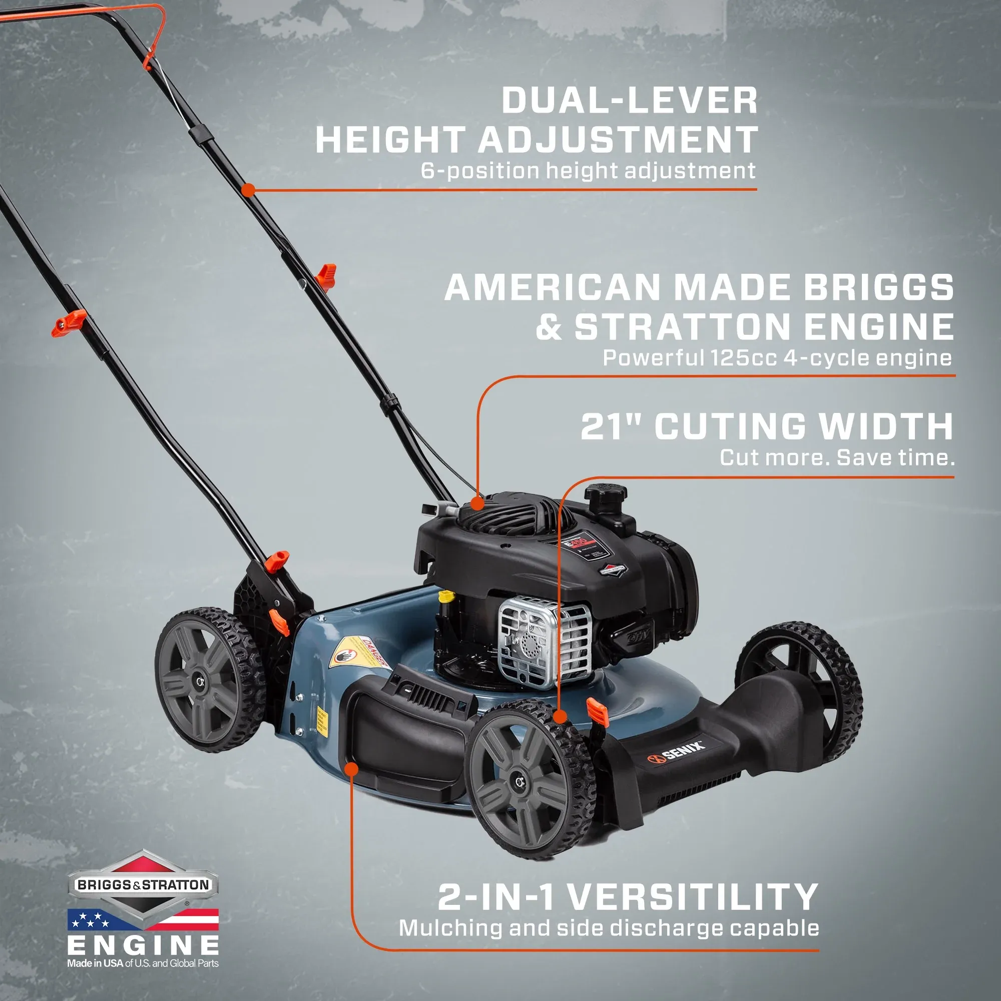 SENIX 21-Inch Push Lawn Mower, 125 cc 4-Cycle Gas Powered, Mulch & Side Discharge, Dual Lever Height Adjustment, LSPG-M3