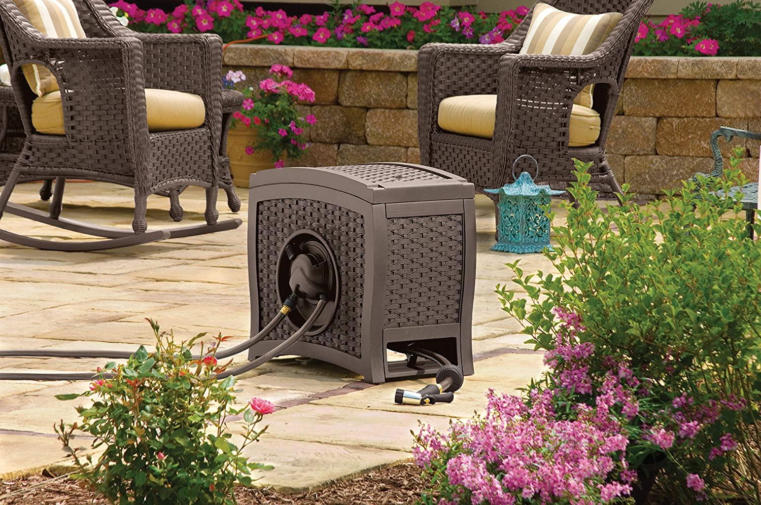 2026 Suncast Aquawinder 125 Wicker Garden Hose Reel Lightweight Portable Hands Free Water Powered Retractable Hose Reel Java