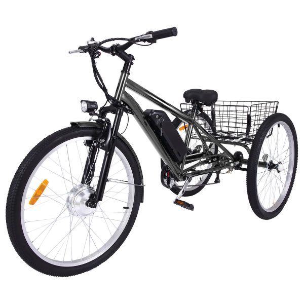 2026 26 Inch Adult 3 Wheel Electric Tricycle with Basket, Fat Tires,7 Speeds,350W Powerful Motor, 36V 10Ah Removable Battery Dark Gray