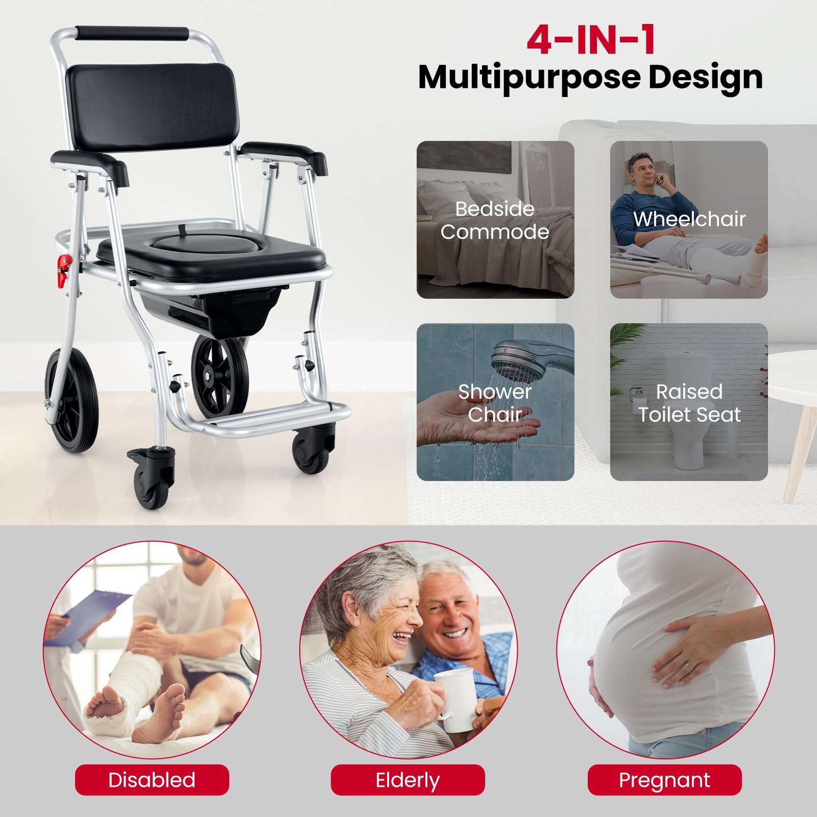 2026 4 in 1 Shower Commode Wheelchair, 330lbs Foldable Bedside Commode Chair for Toilet with Arms