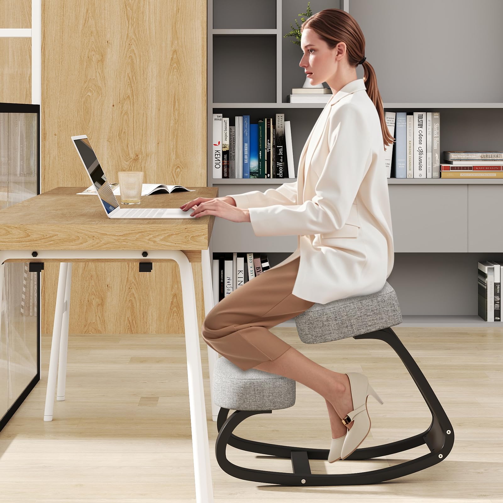 2026 Rocking Upright Posture Chair with Soft Seat & Knee Pads, Gray and Black