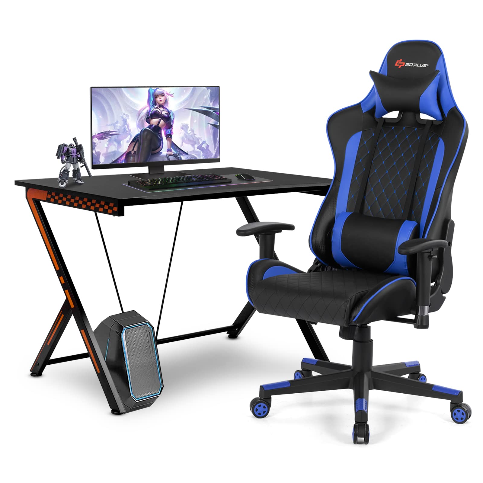 2026 Gaming Desk & Chair Combo Set, Racing Style Home Office Gamer Workstation w/Massage Lumbar Support & Headrest