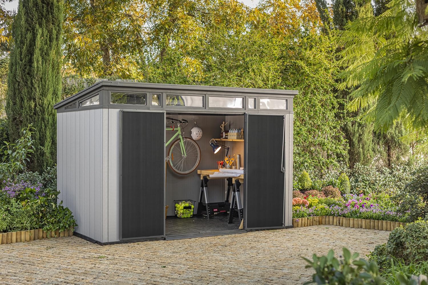2026 Keter Artisan 11x7 Modern Resin Outdoor Storage Shed Kit-Perfect to Store Patio Furniture, Garden Tools Bike Accessories, Beach Chairs and Lawn Mower, Grey & Black