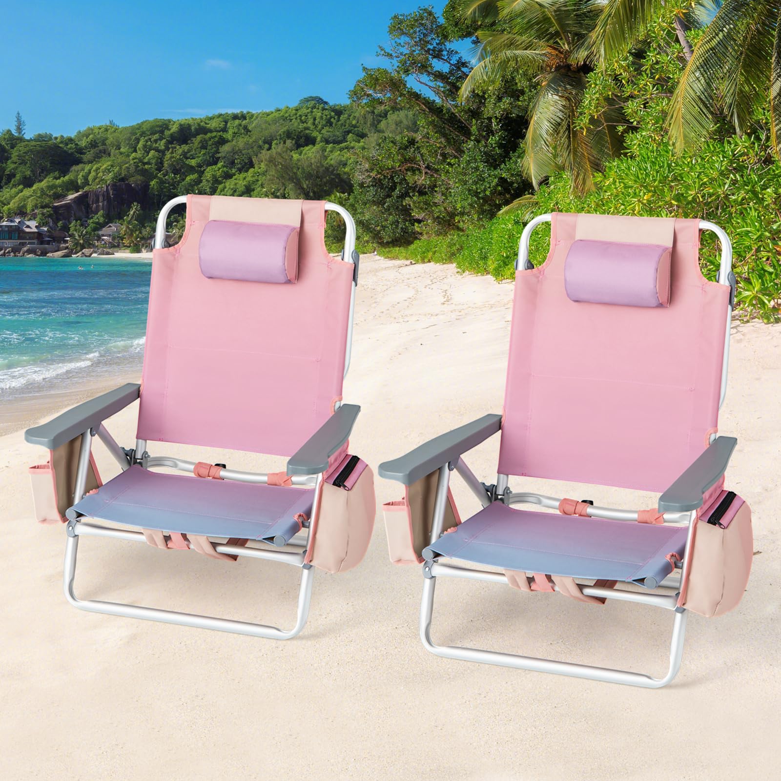 2026 Backpack Beach Chairs, 4 Pcs Portable Camping Chairs with Cool Bag and Cup Holder