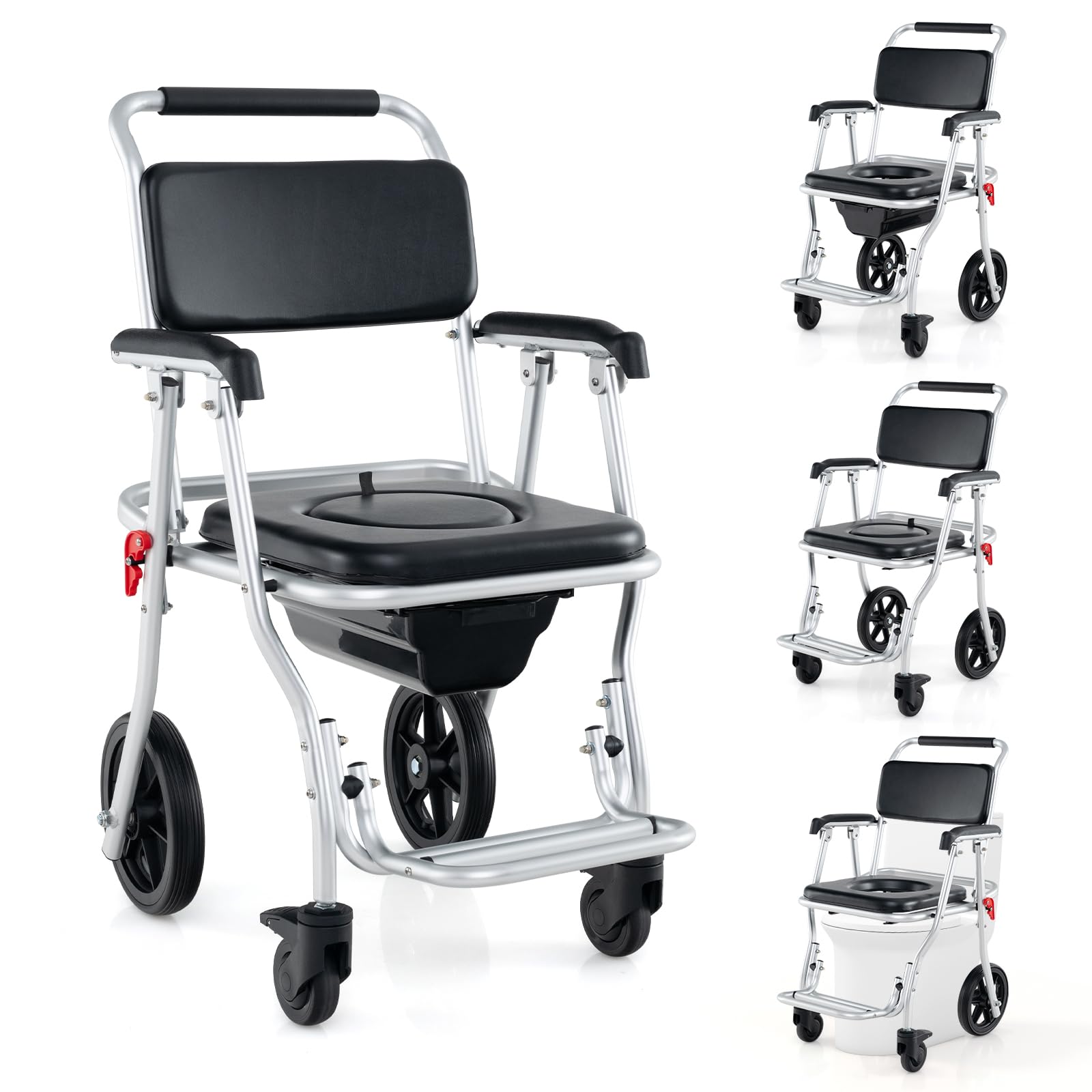 2026 4 in 1 Shower Commode Wheelchair, 330lbs Foldable Bedside Commode Chair for Toilet with Arms
