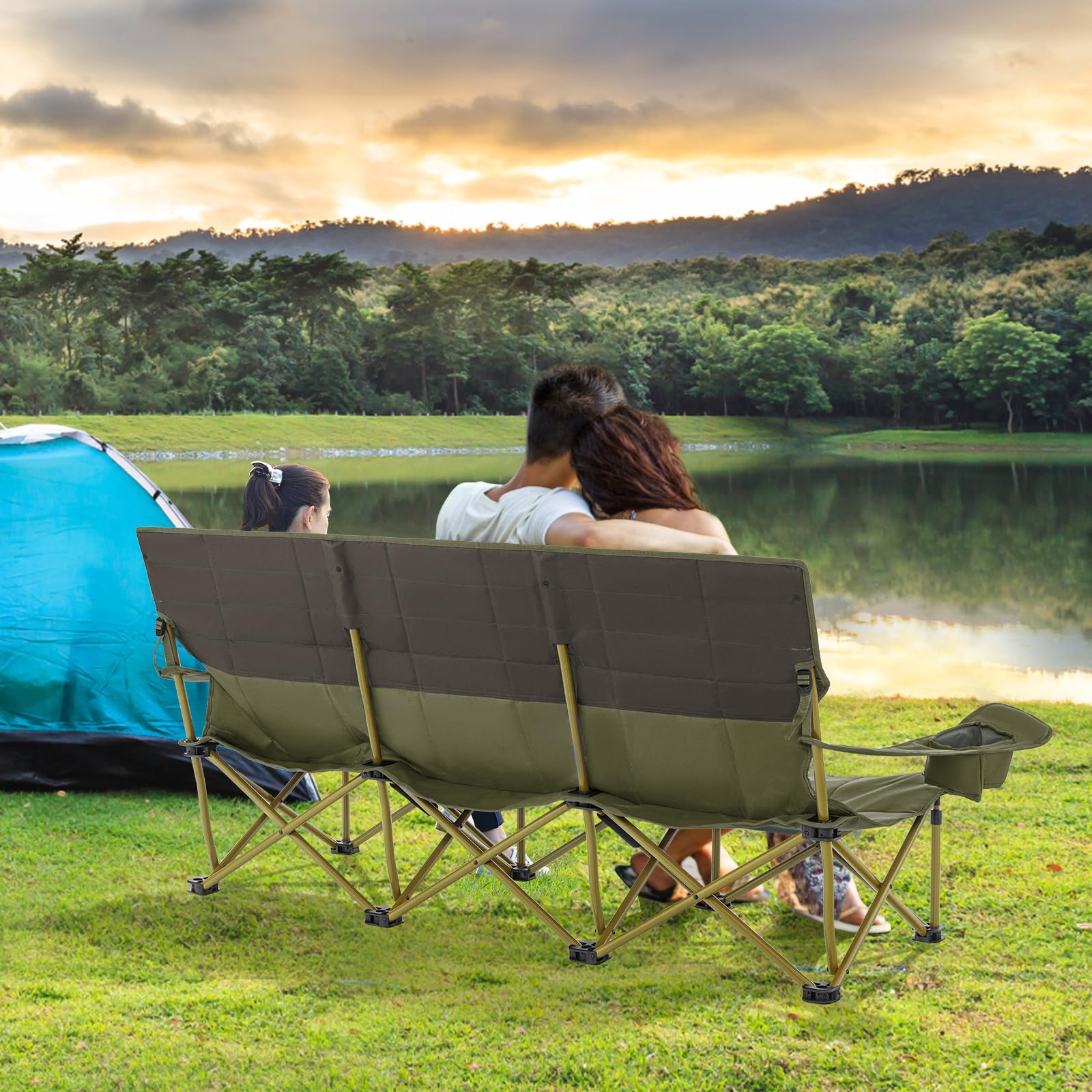 2026 3 Person Camping Chair for Adults, Outdoor Folding Oversized Camping Couch Chair (3-Person Seat)